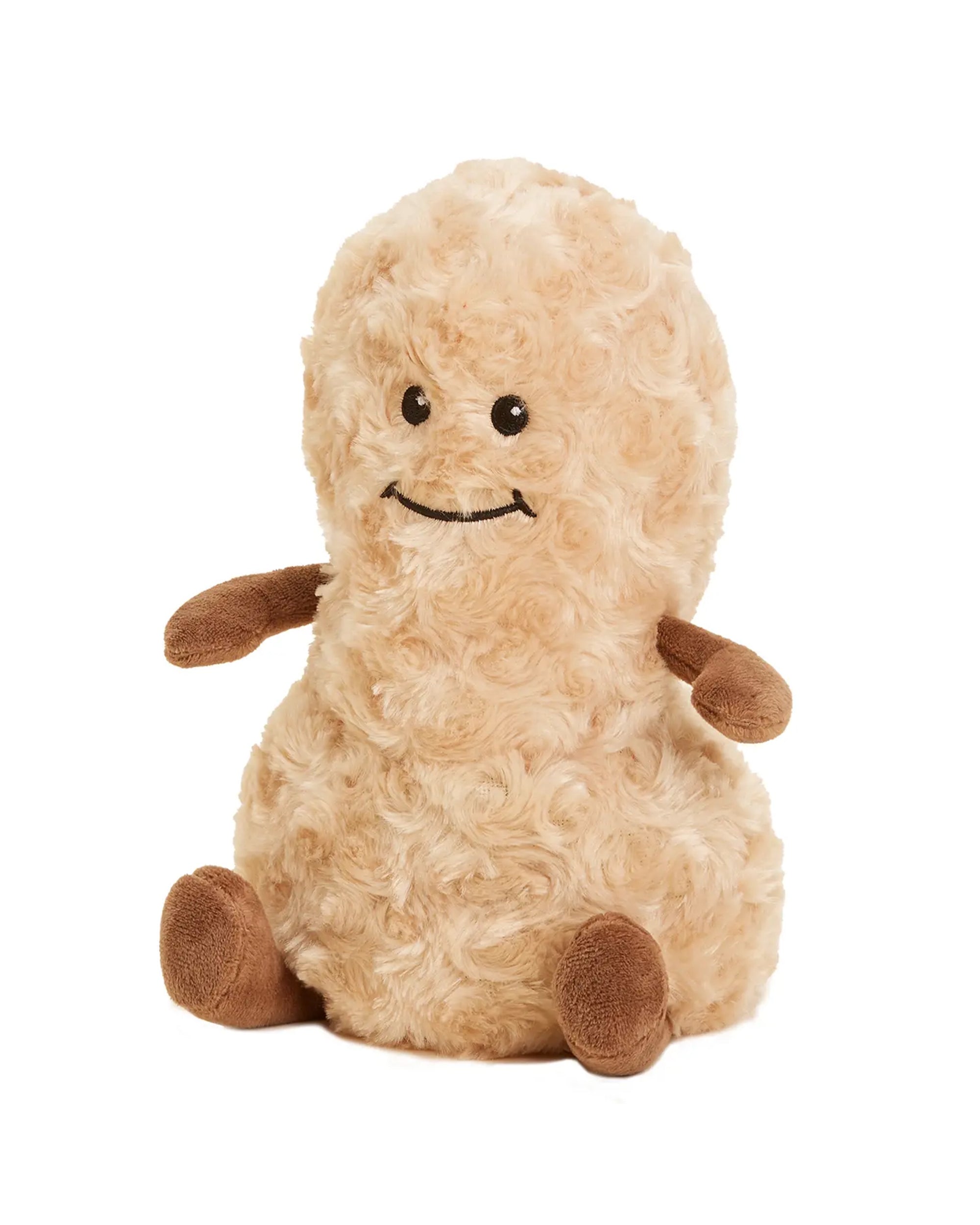 The Peanut Warmies by Intelex is a microwavable plush shaped like a peanut with tan, curly fur, brown arms and legs, a smiling face, and soothing lavender scent for sensory comfort.