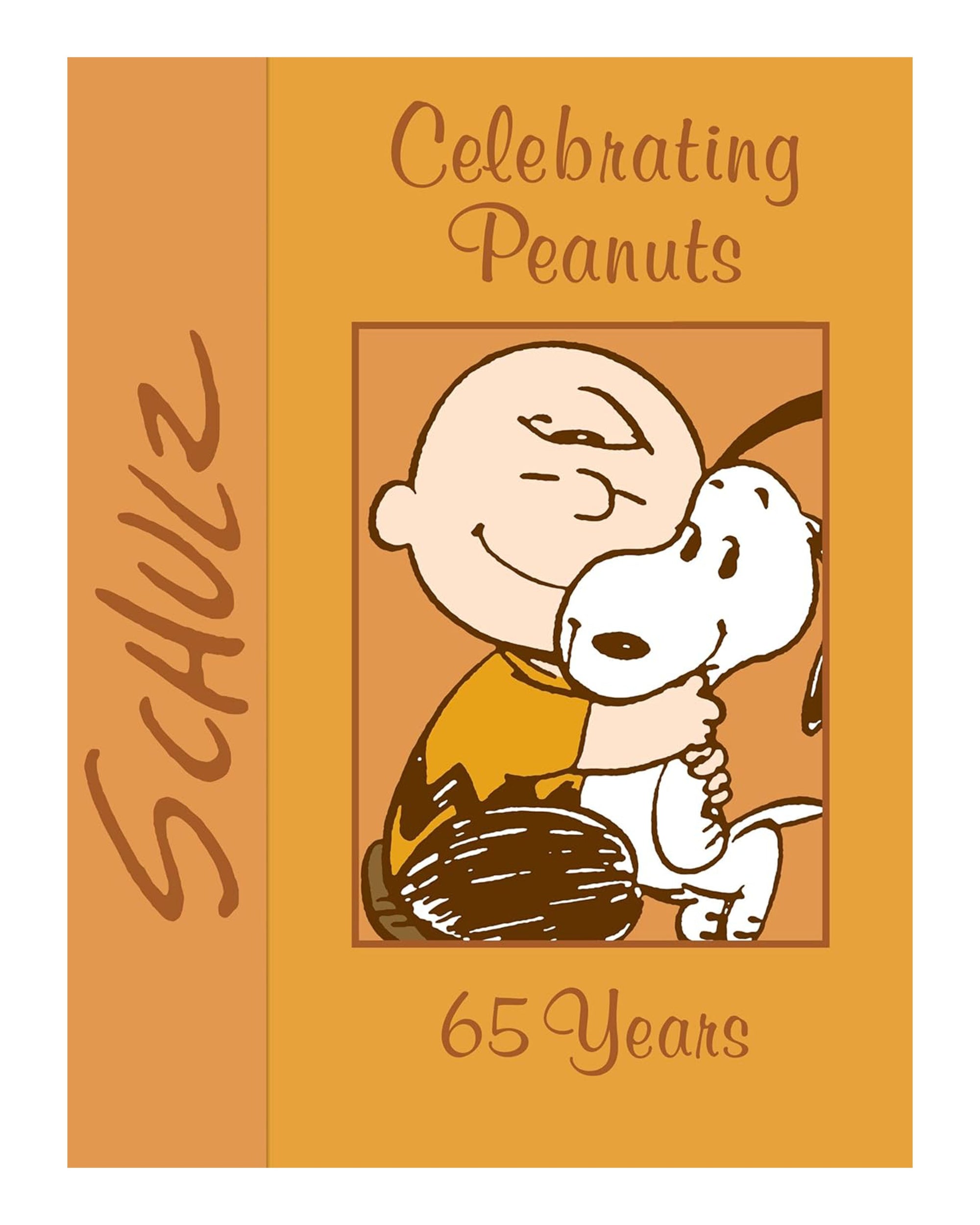 An illustration of Charlie Brown hugging Snoopy with "Celebrating Peanuts" and "Simon & Schuster Inc." on the side, in warm brown and orange—an ideal collector's item for Peanuts fans.