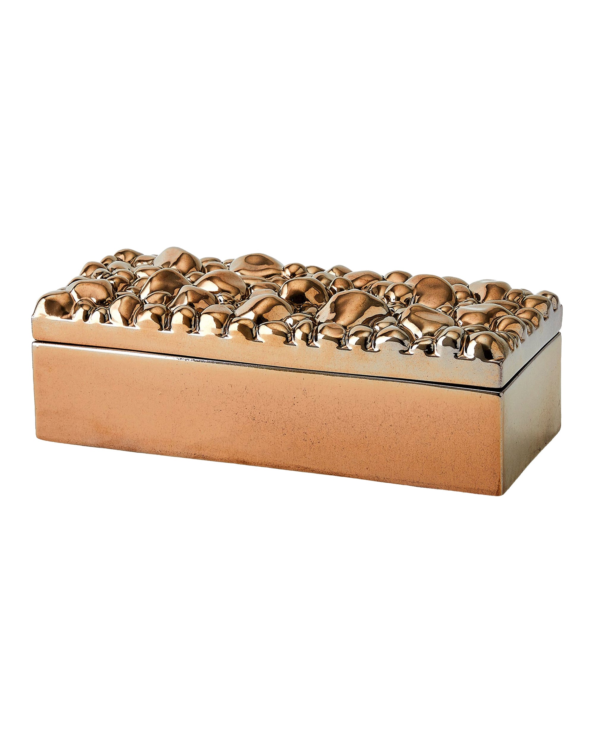 The Arno Pebbles Box Rec Bronze by Global Views features a rectangular design with a raised pebble-textured lid and shiny bronze finish for a modern, decorative look.