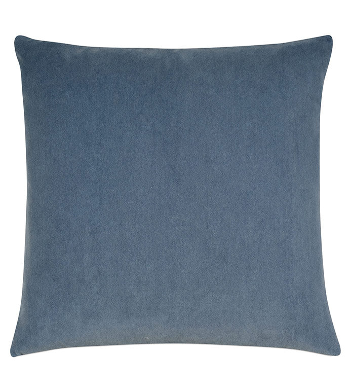 Denim blue velvet pillow by Eastern Accents, 22x22 inch solid cover, displayed on white background.