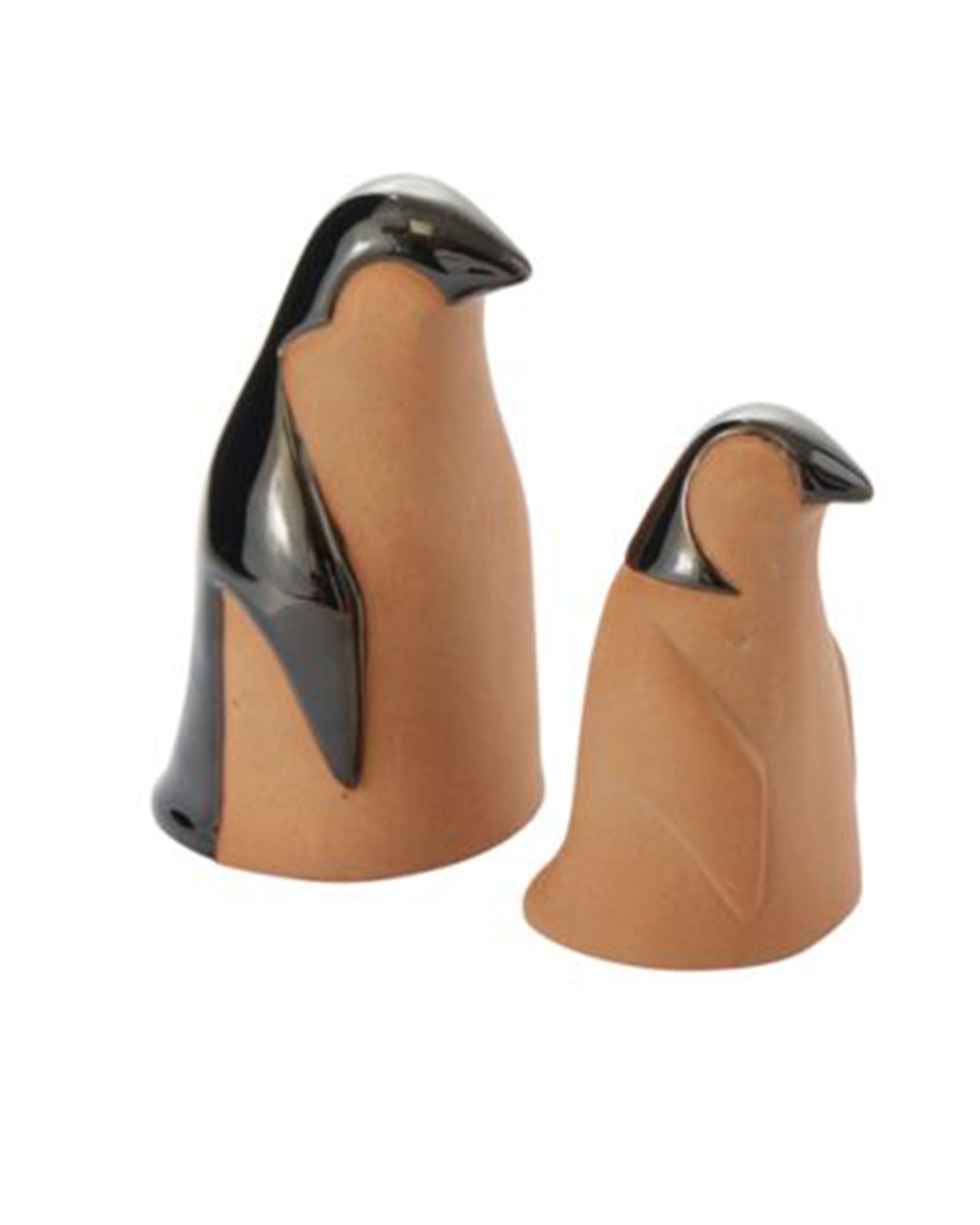 Two Accent Decor Ceramic Penguins from the Arctic Figurine Collection have matte brown bodies and glossy black heads and backs, standing side by side against a white background.