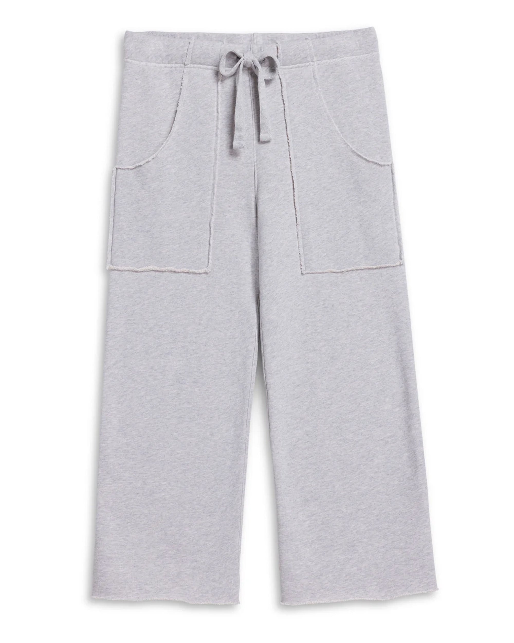 The Penny Sweatpant by Frank & Eileen features a light gray, wide-leg cropped design with an elastic drawstring waist and two large front pockets—crafted from soft fabric for casual days or lounging at home.