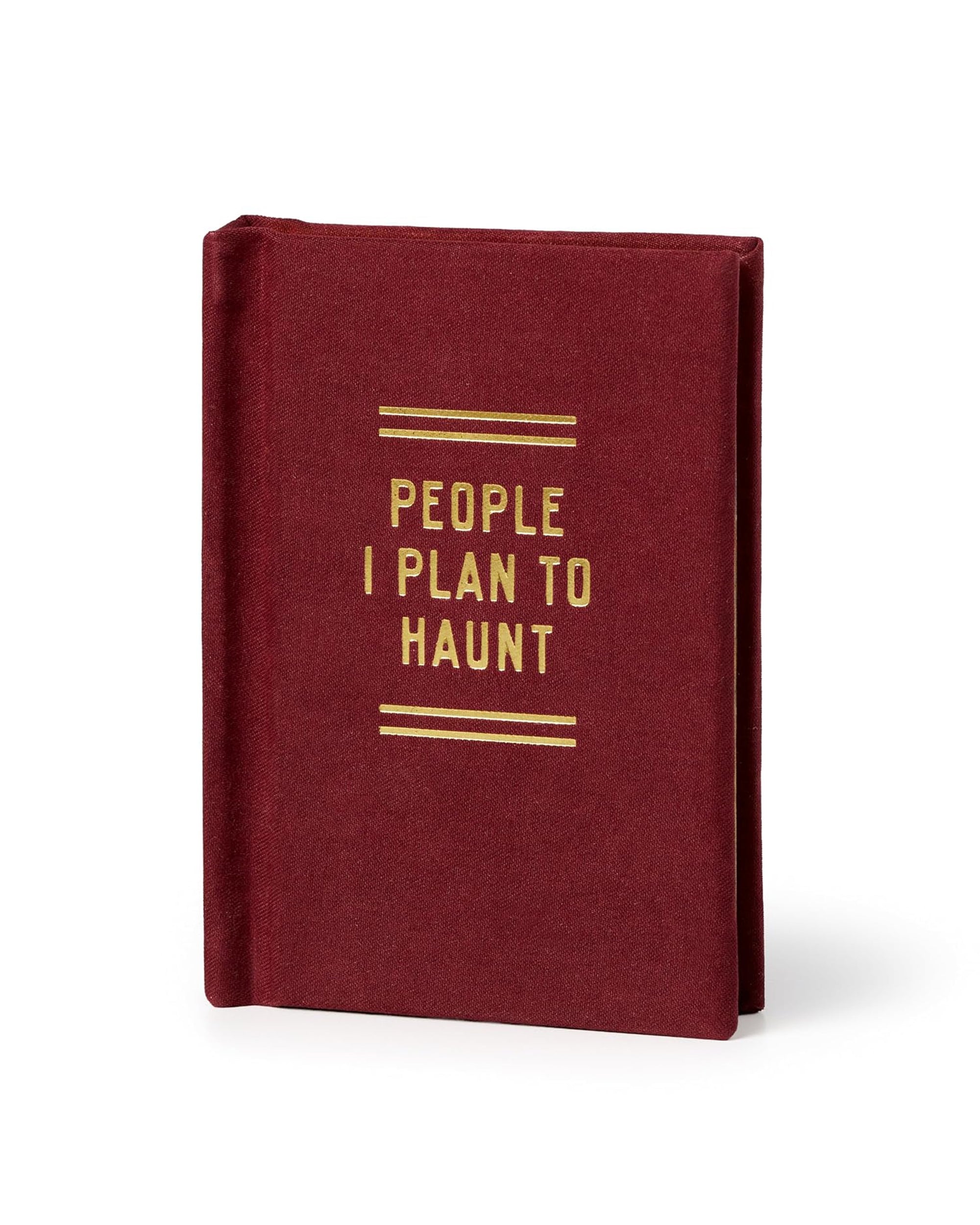 Maroon diary with gold lettering, Hachette’s People I Plan to Haunt, vintage-style Halloween gift.