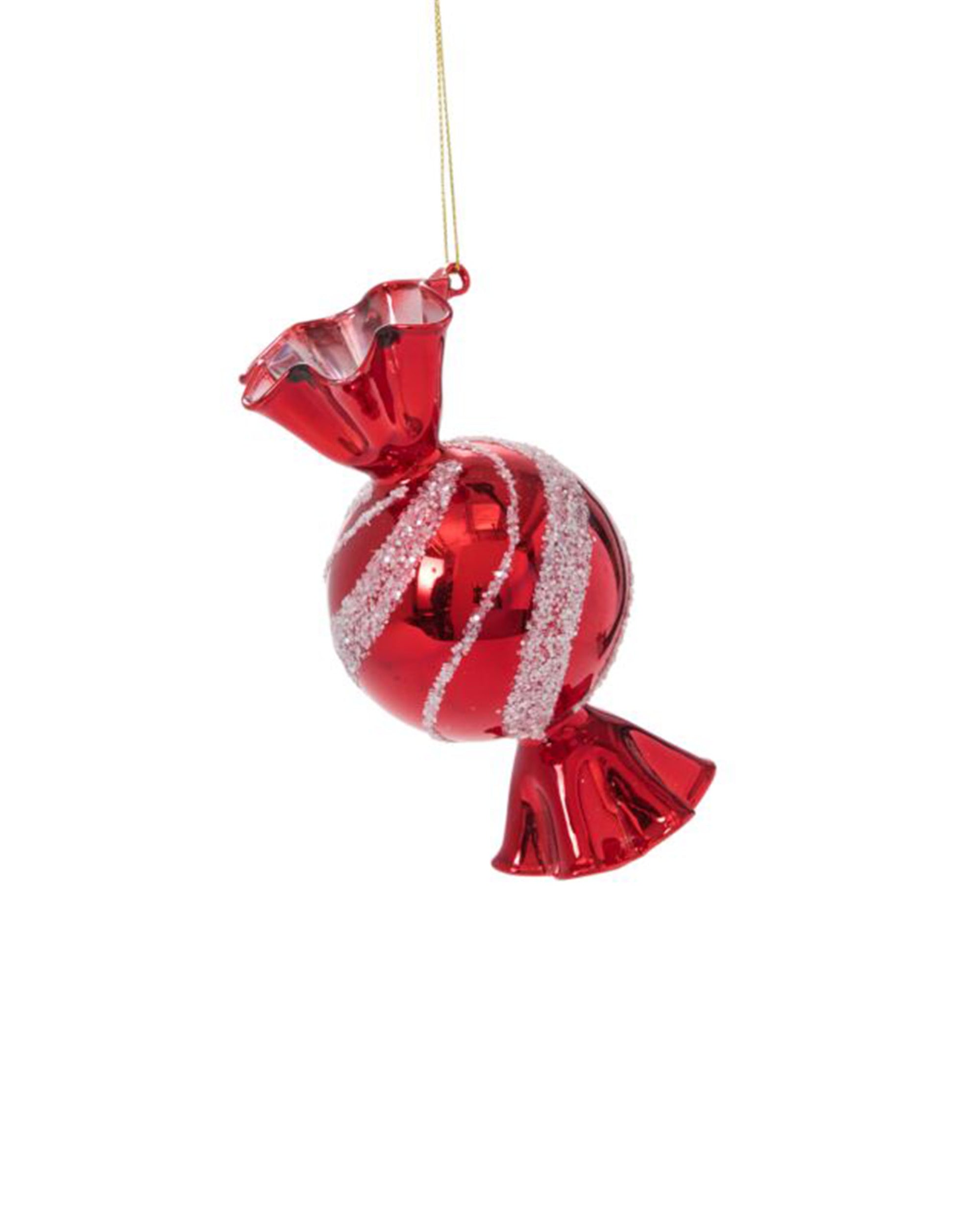 Accent Decor's 17951 Peppermint Ornament features a shiny red candy shape with white glittery stripes and a gold string—perfect for adding vintage-inspired charm to your holiday decor.