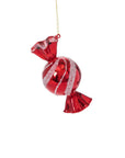 Accent Decor's 17951 Peppermint Ornament features a shiny red candy shape with white glittery stripes and a gold string—perfect for adding vintage-inspired charm to your holiday decor.