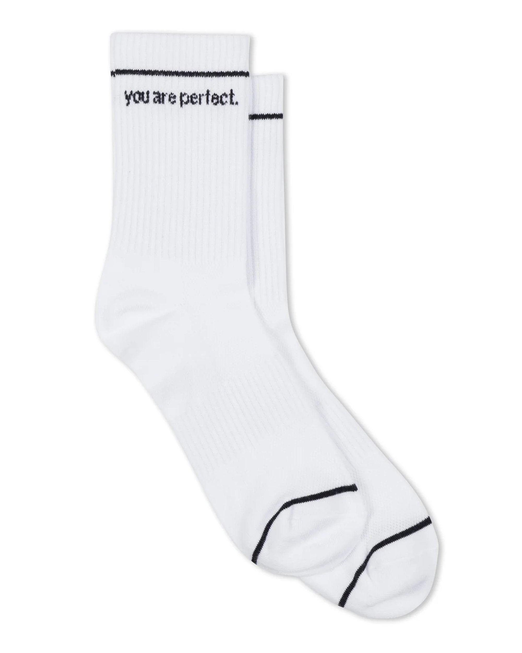 The You Are Perfect Sock by Perfectwhitetee is a vintage-inspired white crew sock with ribbed cotton, black stripes near the top and toes, and "you are perfect." embroidered in black by the cuff.
