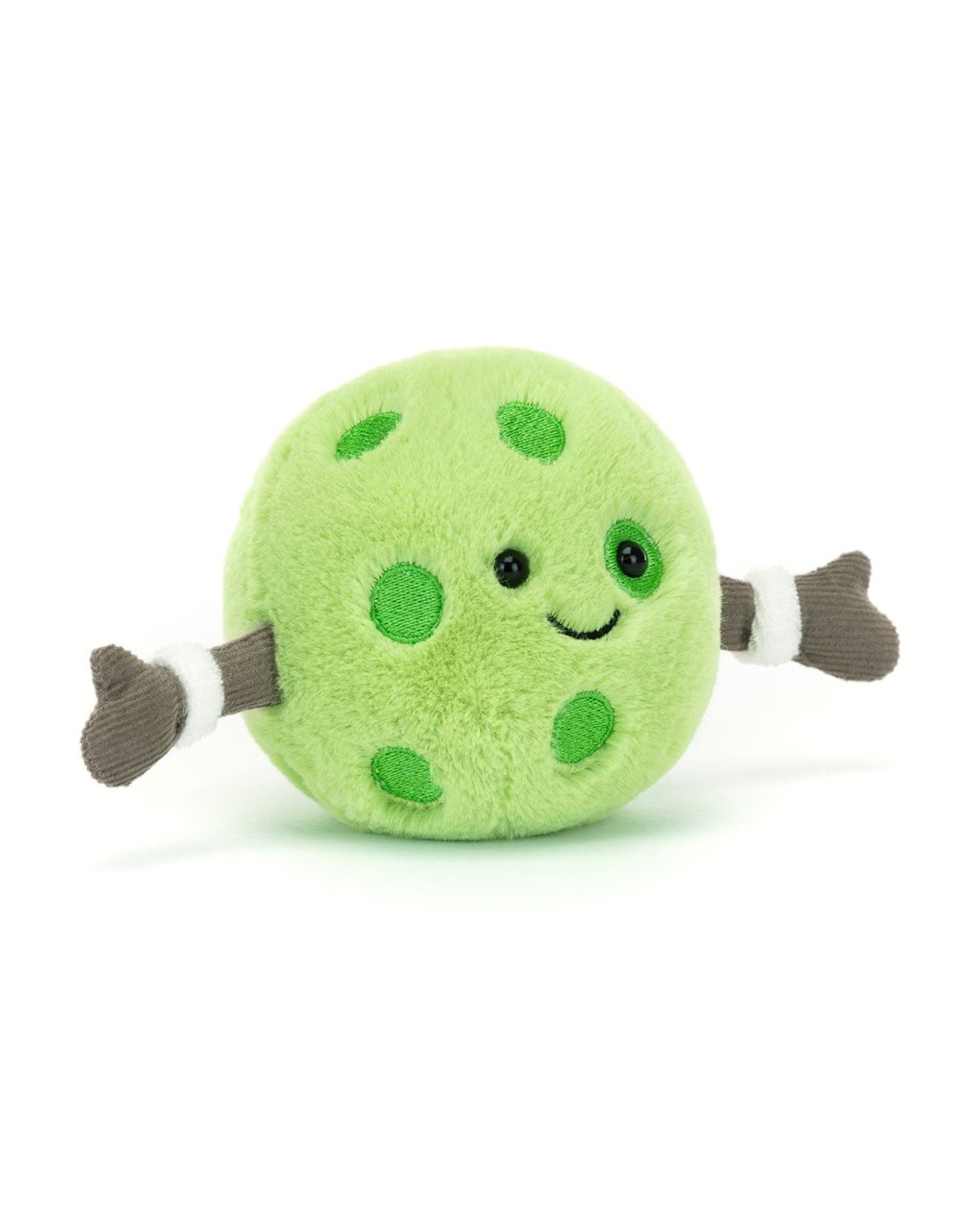 Jelly Cat Inc.’s Pickleball is a round, green plush toy with darker green spots, a smiling face, and gray mitten-shaped hands—an adorable companion bringing playful pickleball spirit to any setting. Shown on a plain white background.