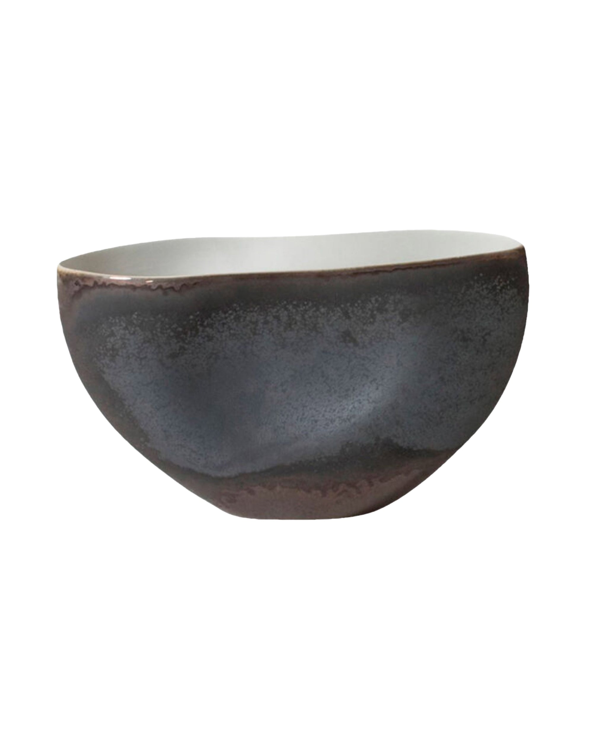 The Oxus Pinched Bowl S by Global Views is a dark, oval porcelain bowl with a textured bronze matte exterior and smooth light interior, shown isolated on a white background.