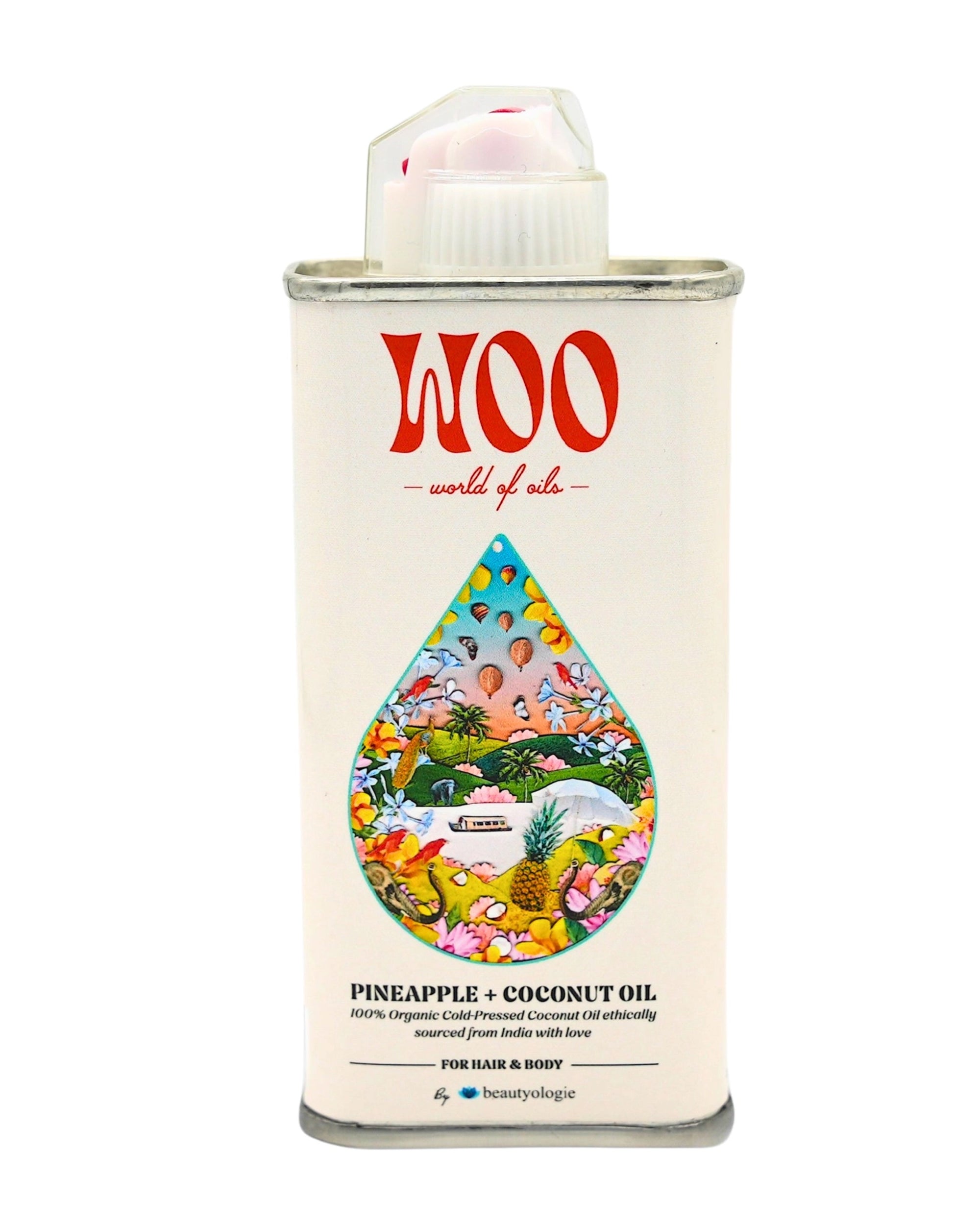 A metal can of Faire Pineapple Coconut Oil features a colorful tropical illustration with pineapples, coconuts, flowers, and a beach scene—perfect for hydrating hair and body.