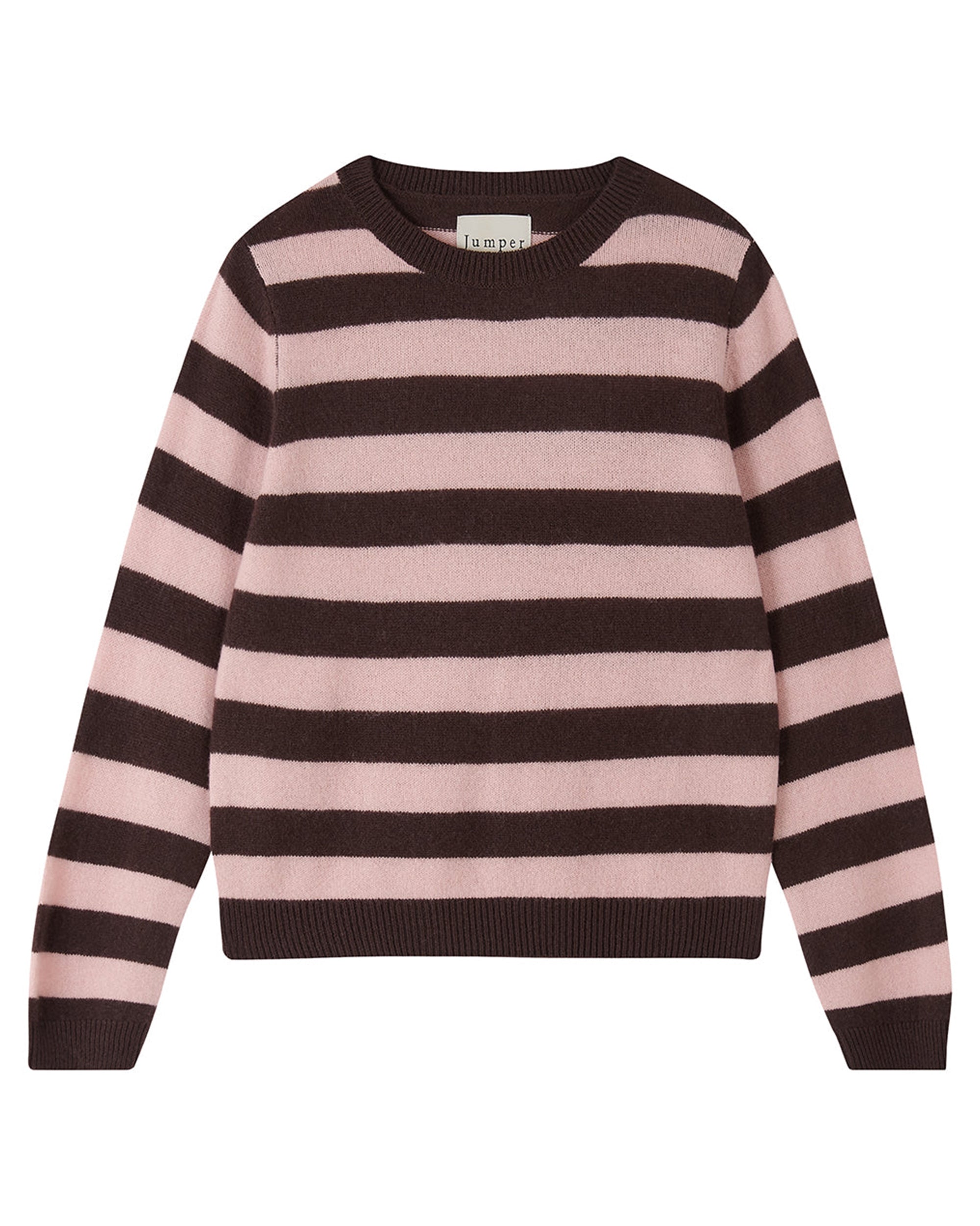The Cashmere Stripe Crew by Jumper 1 2 3 4/CR2 is a lightweight, long-sleeved crew-neck jumper featuring soft cashmere and relaxed fit with horizontal pink and dark brown stripes for a casual style.