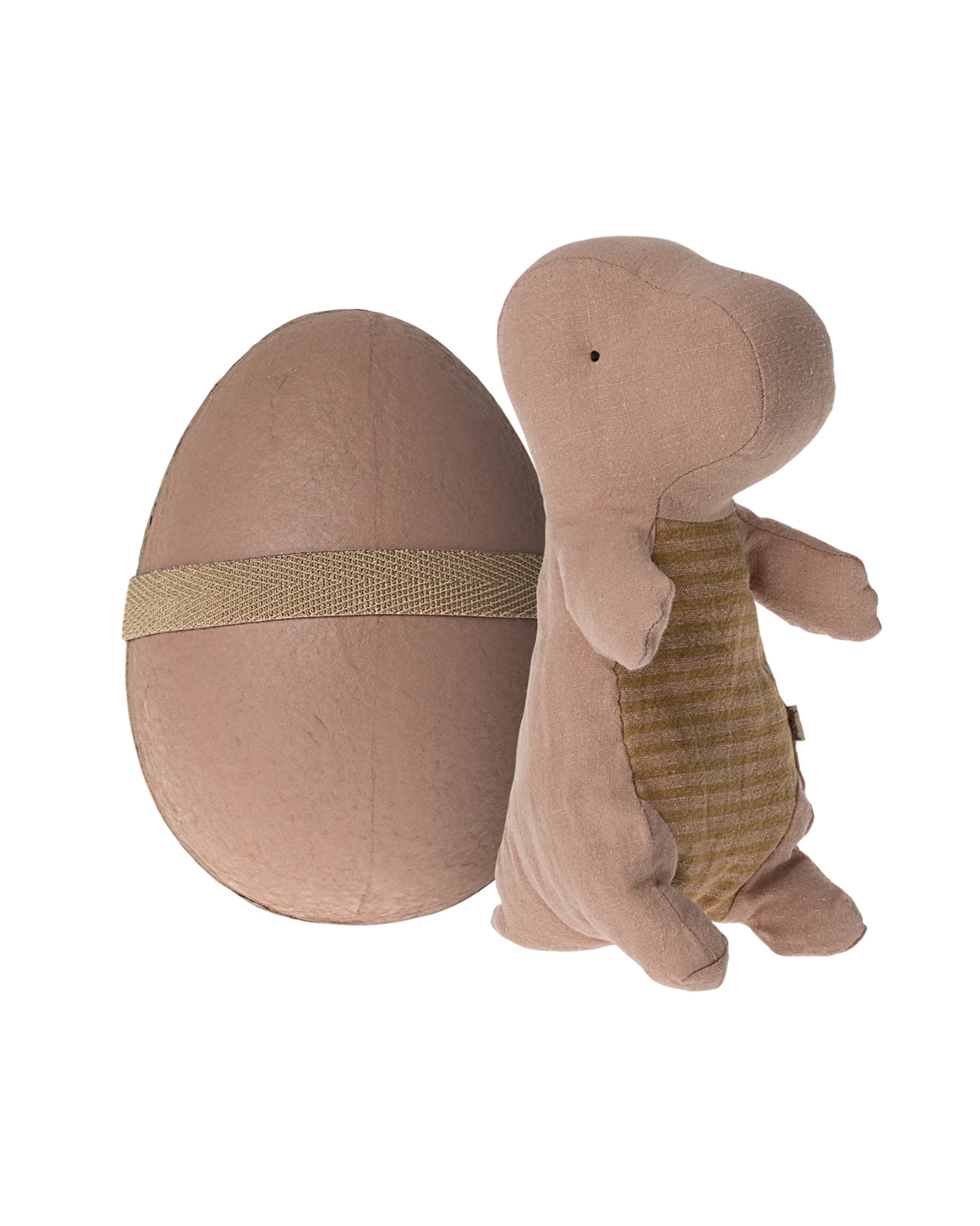 The Maileg Gantosaurus in Egg features a soft, plush dinosaur in muted brown tones beside a matching fabric egg with a horizontal strap, displayed against a white background.