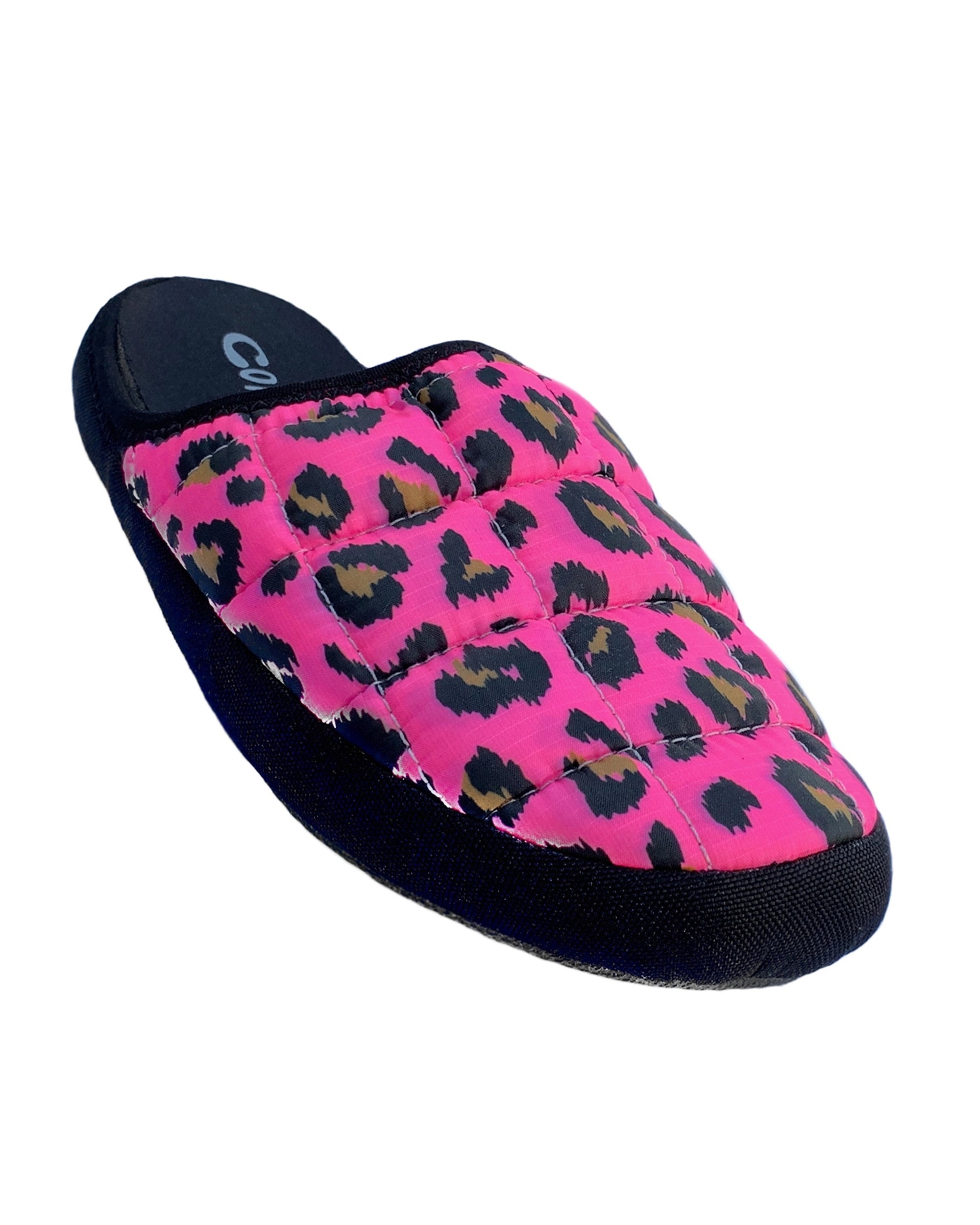 The Faire Coma Toes are cozy lounge slippers with a quilted bright pink upper, bold black and yellow leopard print, and a black sole—perfect for relaxing in comfort at home.