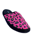 The Faire Coma Toes are cozy lounge slippers with a quilted bright pink upper, bold black and yellow leopard print, and a black sole—perfect for relaxing in comfort at home.