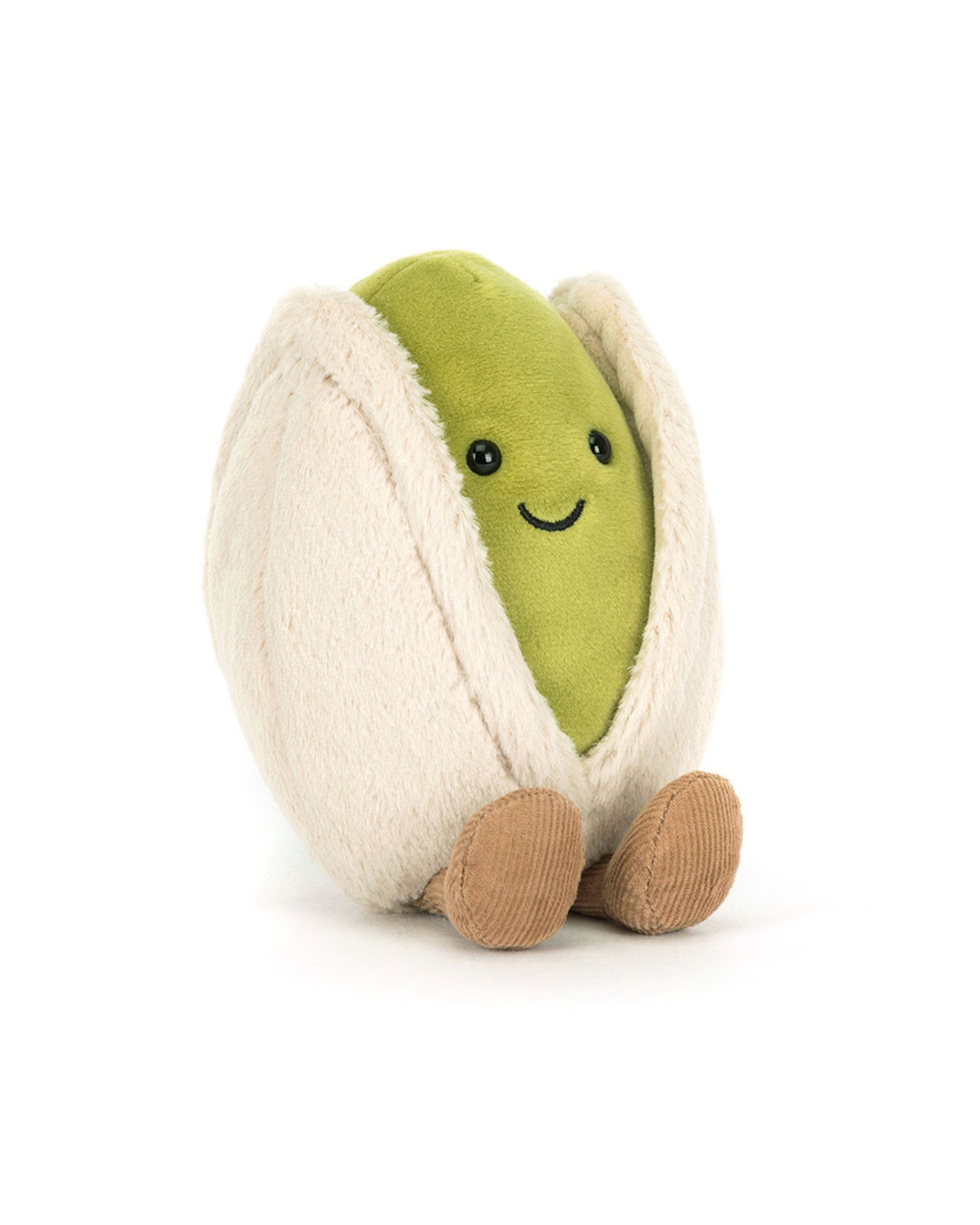 Meet Amuseables Horatio Pistachio by Jelly Cat Inc.—a plush toy with a green center, cream shell, black eyes, and brown corduroy feet, smiling delightfully on a white background.