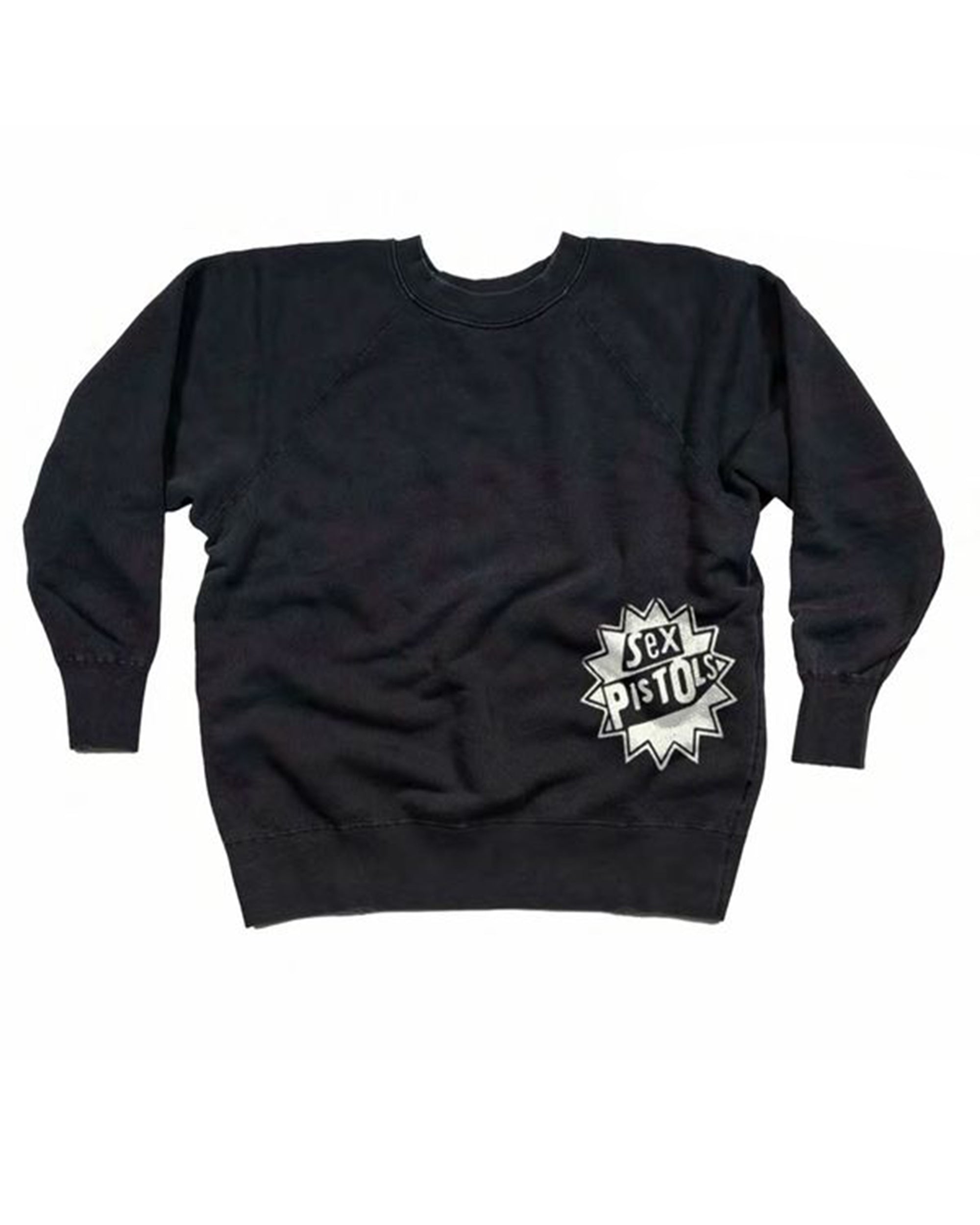 The Made Worn Sex Pistols Shrunken Sweatshirt is a black distressed pullover with a white starburst “Sex Pistols” logo on the lower right front—perfect for "God Save The Queen" fans.