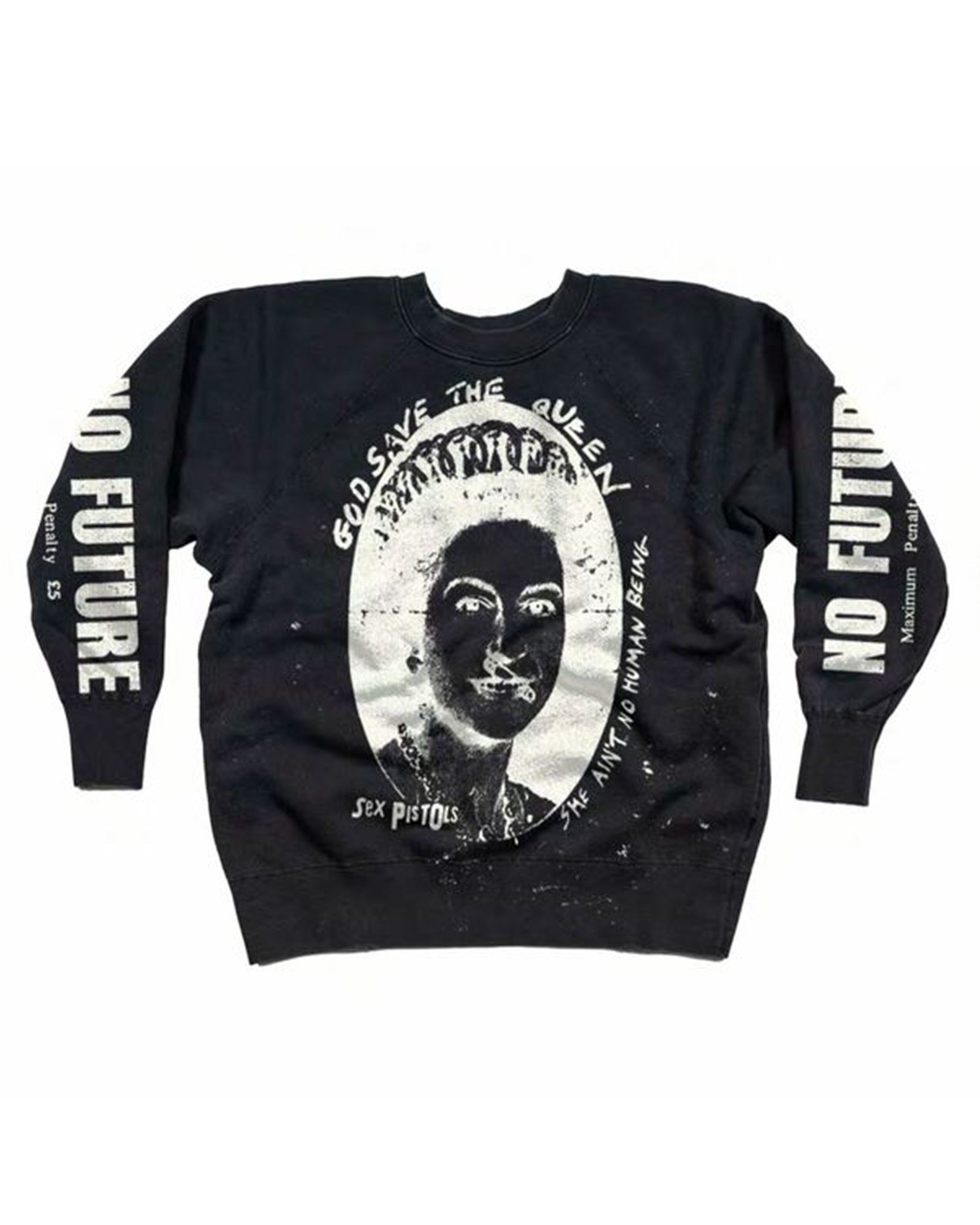 The Made Worn Sex Pistols Shrunken Sweatshirt in black features a bold, distorted woman’s portrait and striking white "God Save The Queen," "Sex Pistols," and "No Future" prints on the front and sleeves.