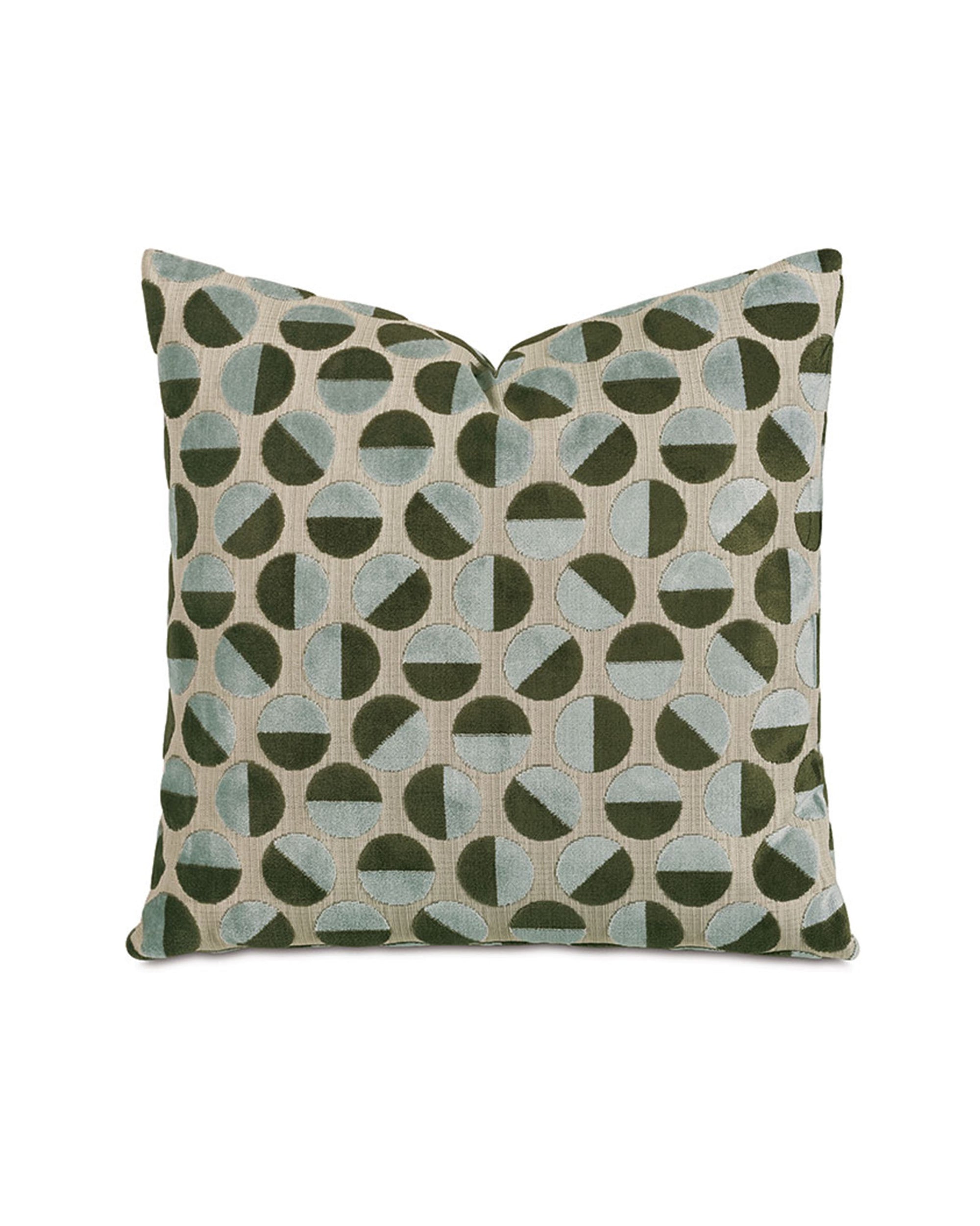 The PIXIE DECO pillow by Eastern Accents is a 22x22 decorative piece featuring a beige background with a grid of textured green and blue geometric circles.
