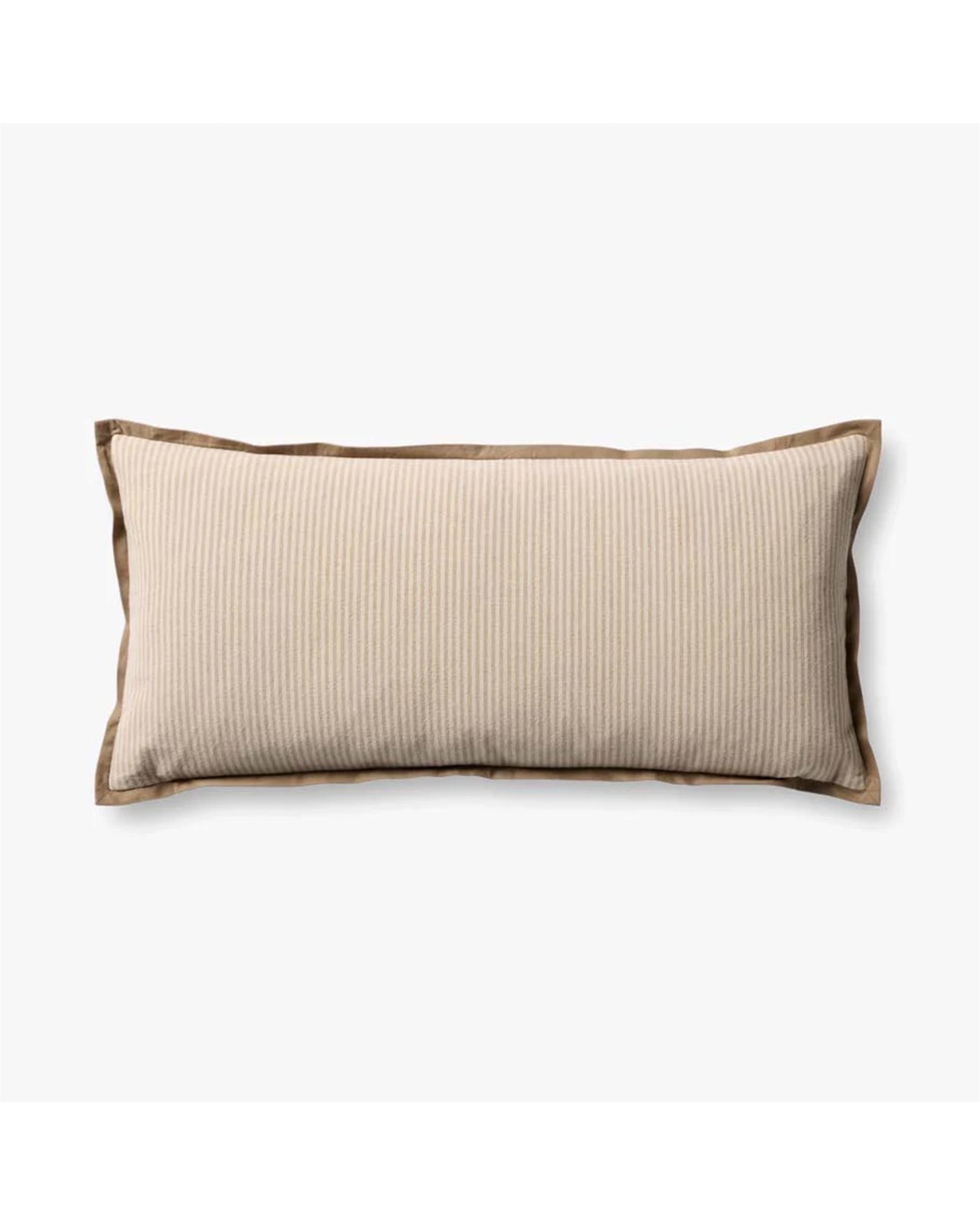 The PJBR0001 Natural BR Pillow by Loloi Rugs is a rectangular beige cotton pillow with subtle vertical stripes, a brown border, and a hidden zipper, shown on a white background.