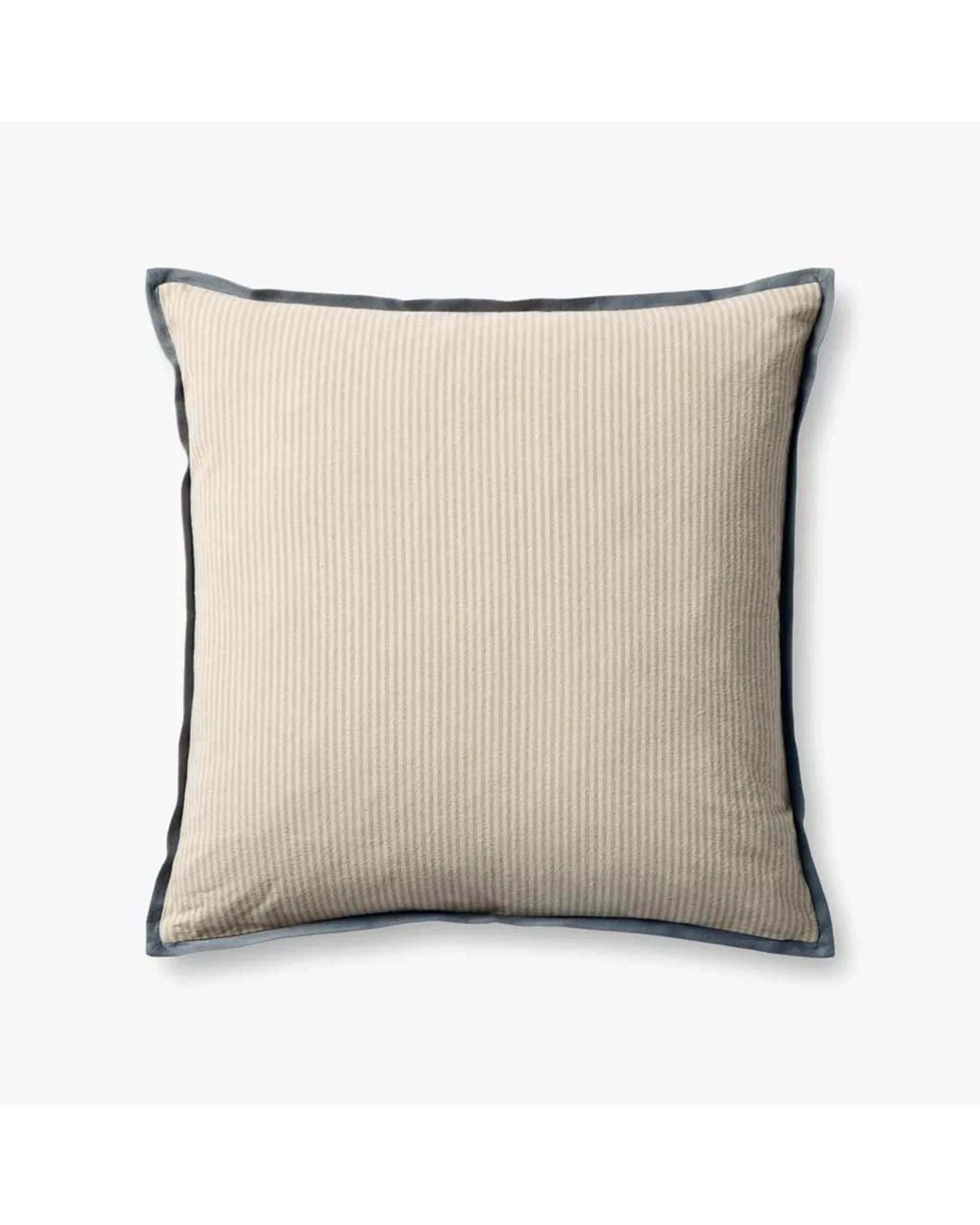 The PJBR0001 Natural BB Pillow by Loloi Rugs is a square beige cotton pillow with subtle vertical stripes, dark gray piping, and a hidden zipper, displayed against a plain white background.