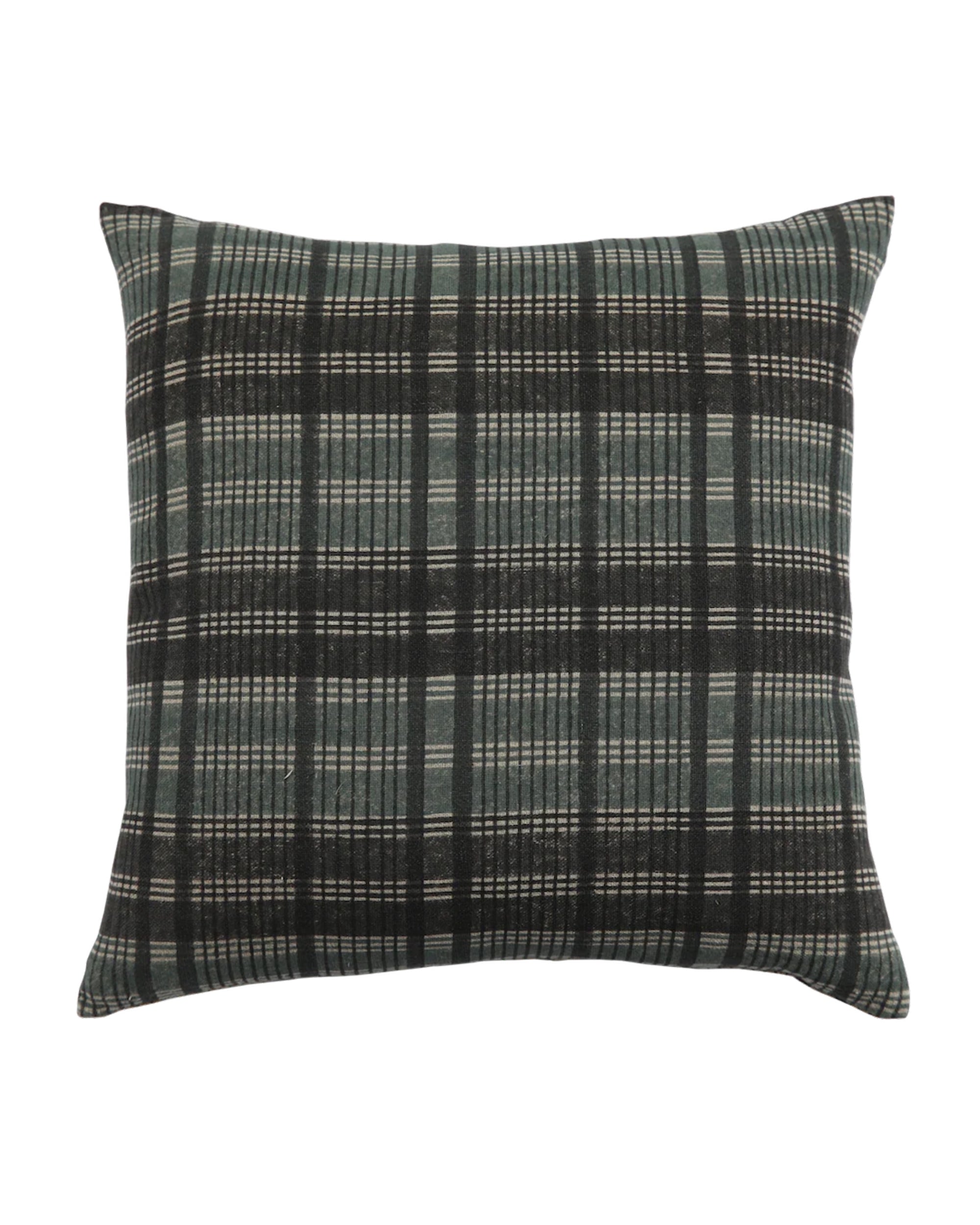 The Plaid Graphite 24x24 pillow by Filling Spaces LLC features a stylish plaid pattern in black, dark gray, and off-white—perfect for adding texture to your space.