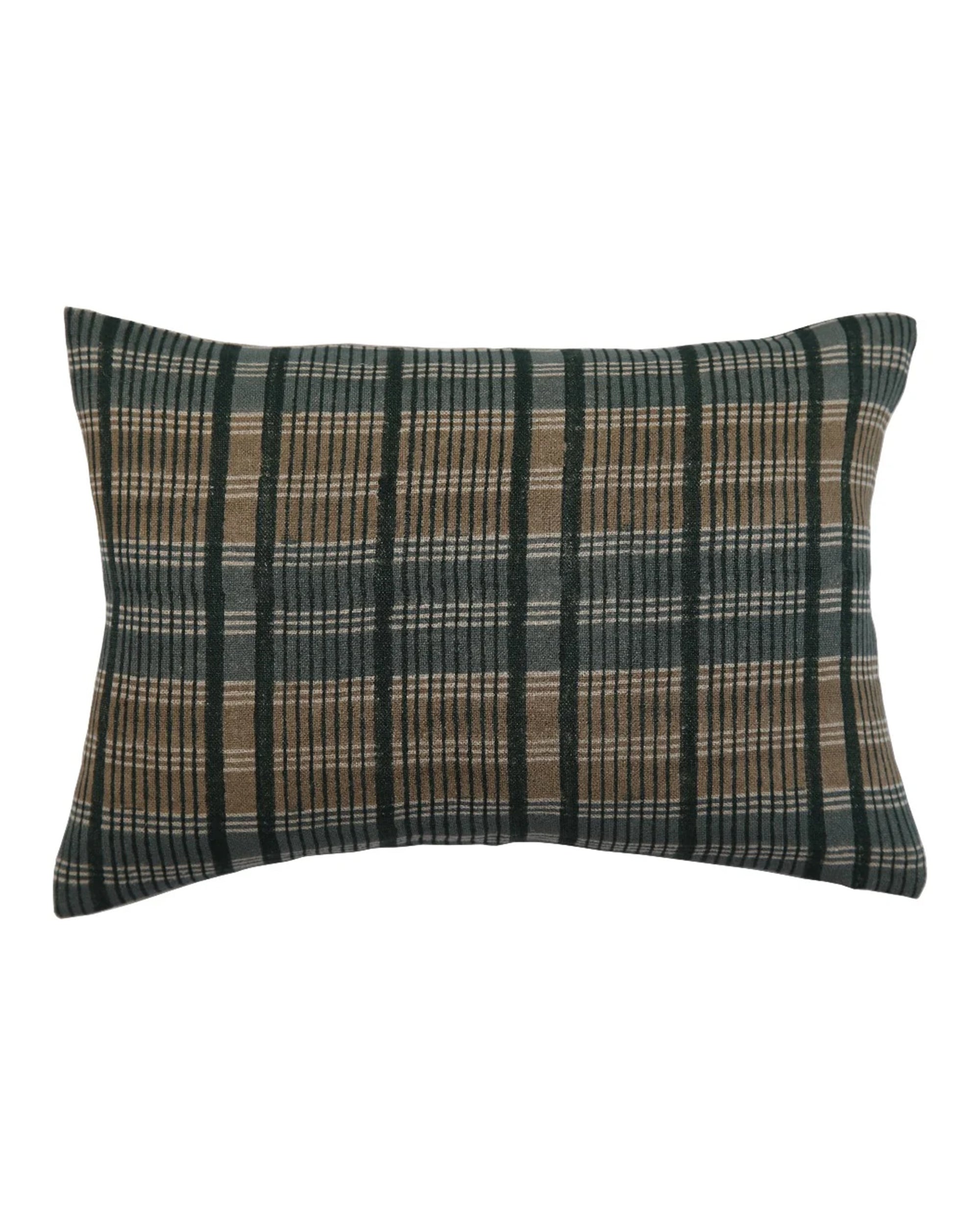 The Plaid Sand Pillow 14x20 by Filling Spaces LLC features a rectangular linen design with green, brown, and white plaid forming an evenly spaced checkered grid, shown here against a white background.
