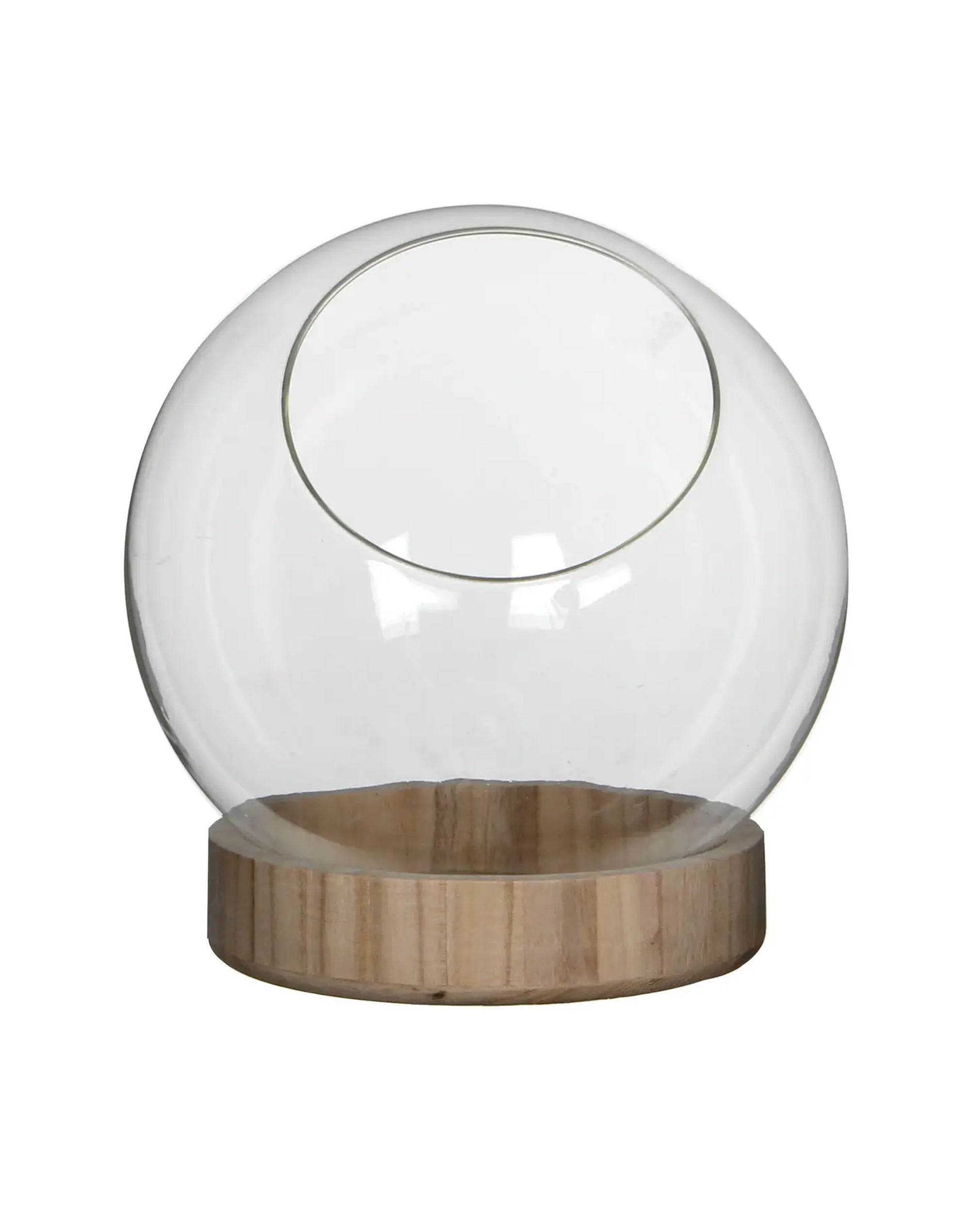 The BIDK Home Planter Bowl on Dish features a clear glass globe with a circular opening on a round wooden base, perfect as a decorative terrarium or stylish indoor plant pot for your home.