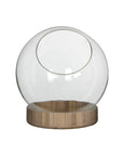 The BIDK Home Planter Bowl on Dish features a clear glass globe with a circular opening on a round wooden base, perfect as a decorative terrarium or stylish indoor plant pot for your home.