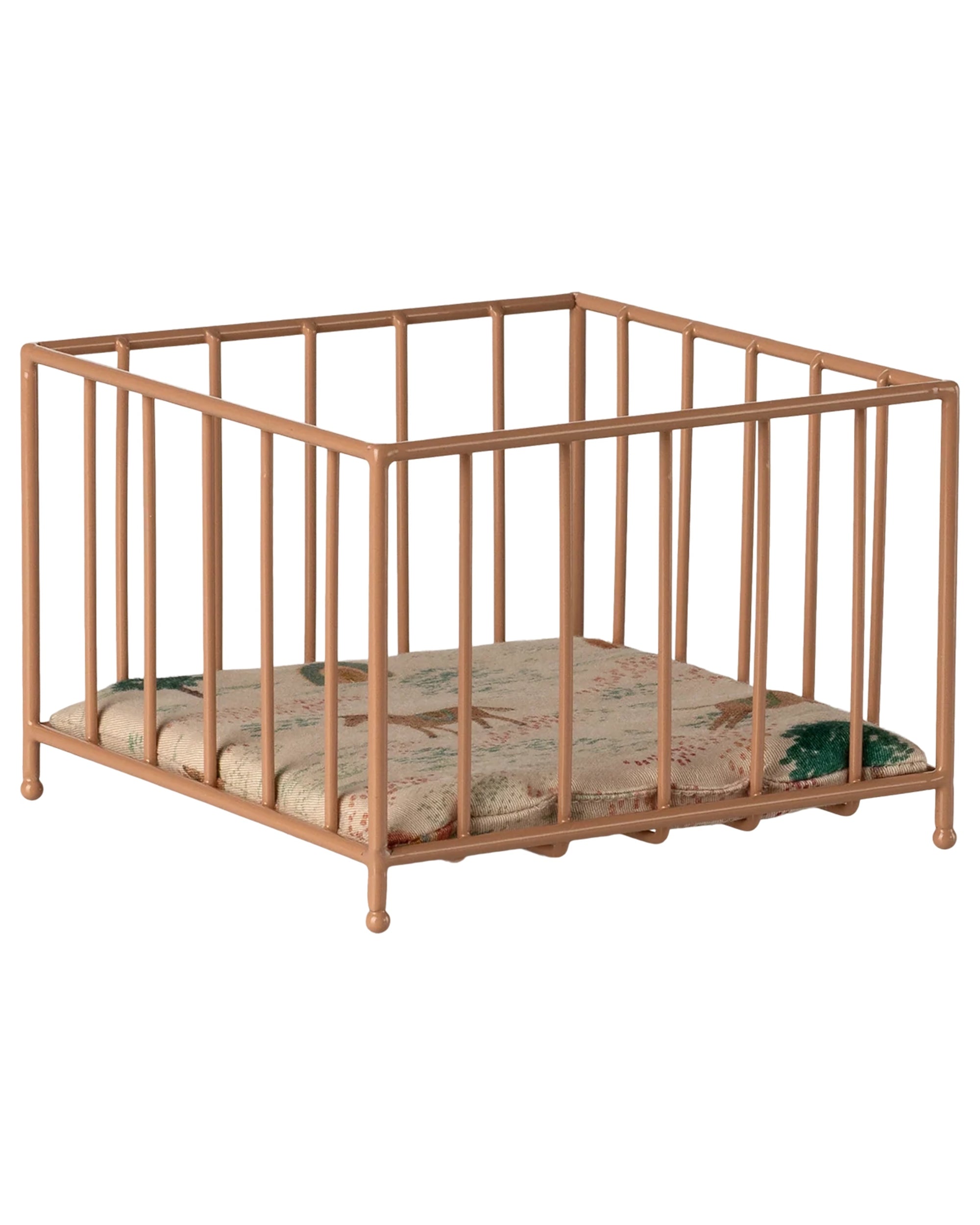 Metal playpen with floral cushion by Maileg, micro size, ideal for nursery decor or dollhouse accessory.