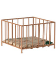 Metal playpen with floral cushion by Maileg, micro size, ideal for nursery decor or dollhouse accessory.