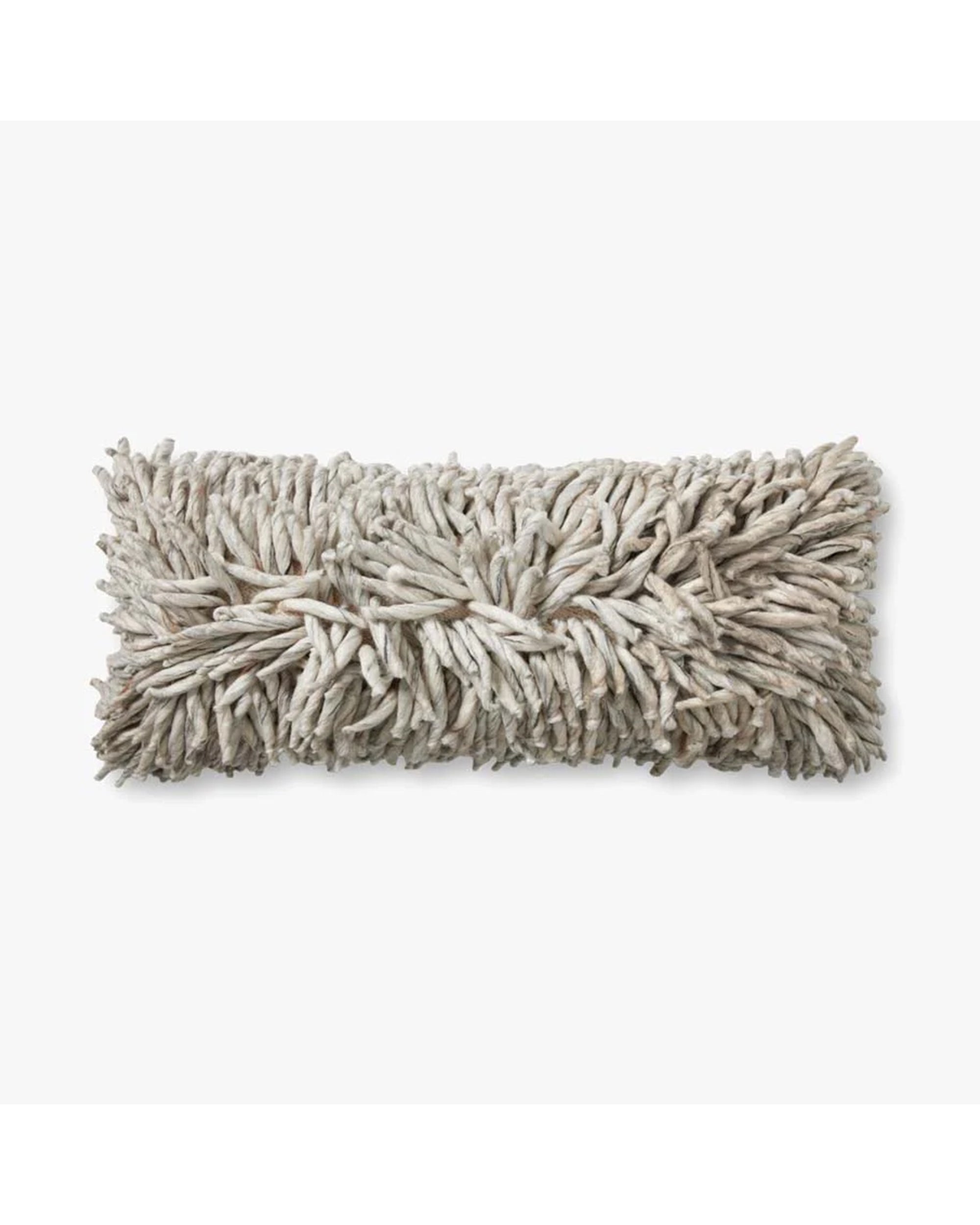 The Loloi Rugs PLL0103 Silver Pillow 13x35 features a rectangular shape with shaggy, textured beige and light gray yarns, long twisted strands on the front, and a hidden flap zipper for easy cover removal.