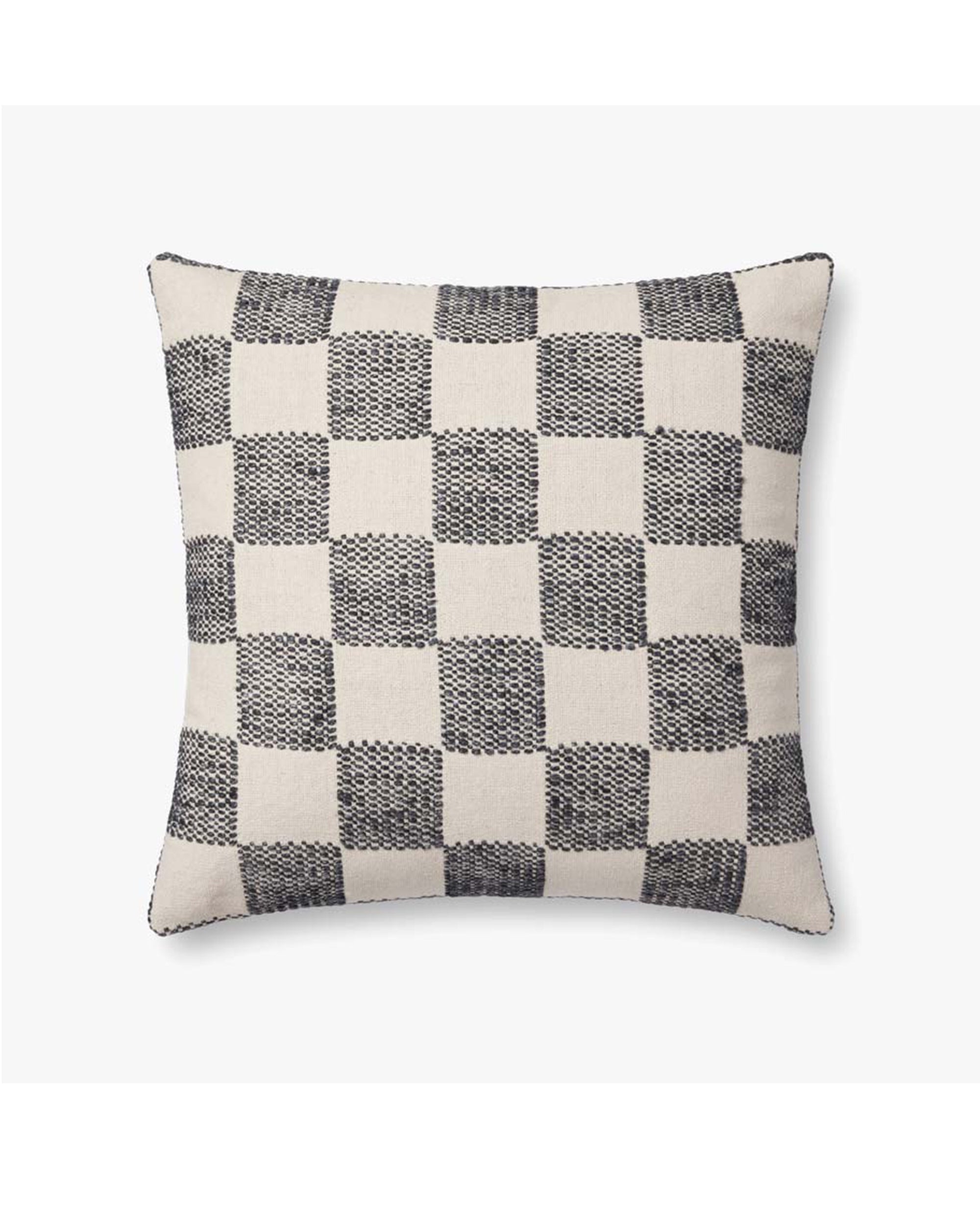 The Loloi Rugs PLL0123 pillow 22x22 features a modern black and white checkerboard pattern with textured checks and dark piping, making it a stylish accent for your home decor.
