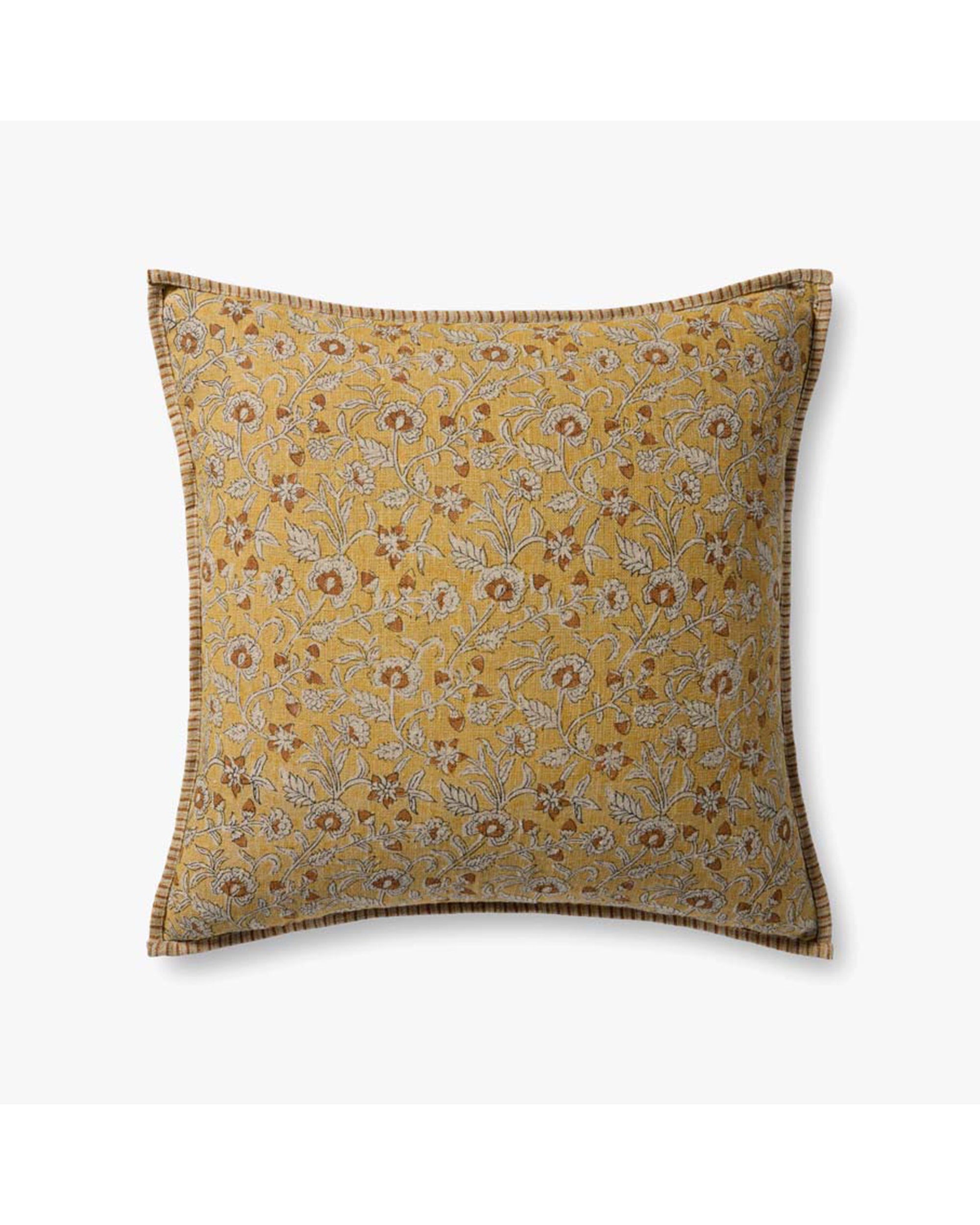 The PLL0164 Pillow 22x22 by Loloi Rugs is a square linen cushion with a yellow background, detailed floral patterns in brown, white, and orange, striped trim on the edges, and an antique bronze flange. Shown on a plain white backdrop.