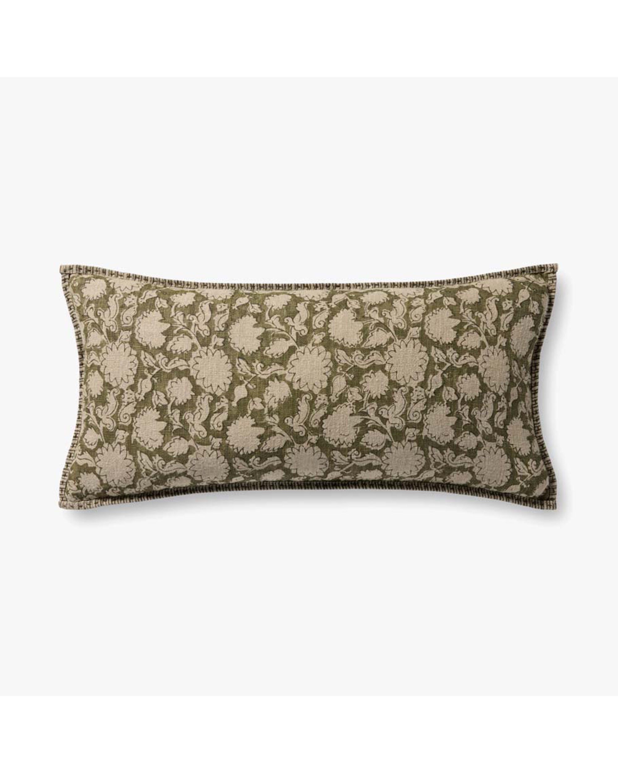 The Loloi Rugs PLL0165 Green Pillow 12x27 is a rectangular linen throw pillow with an olive green and beige damask floral pattern and antique bronze trim, shown on a plain white background.