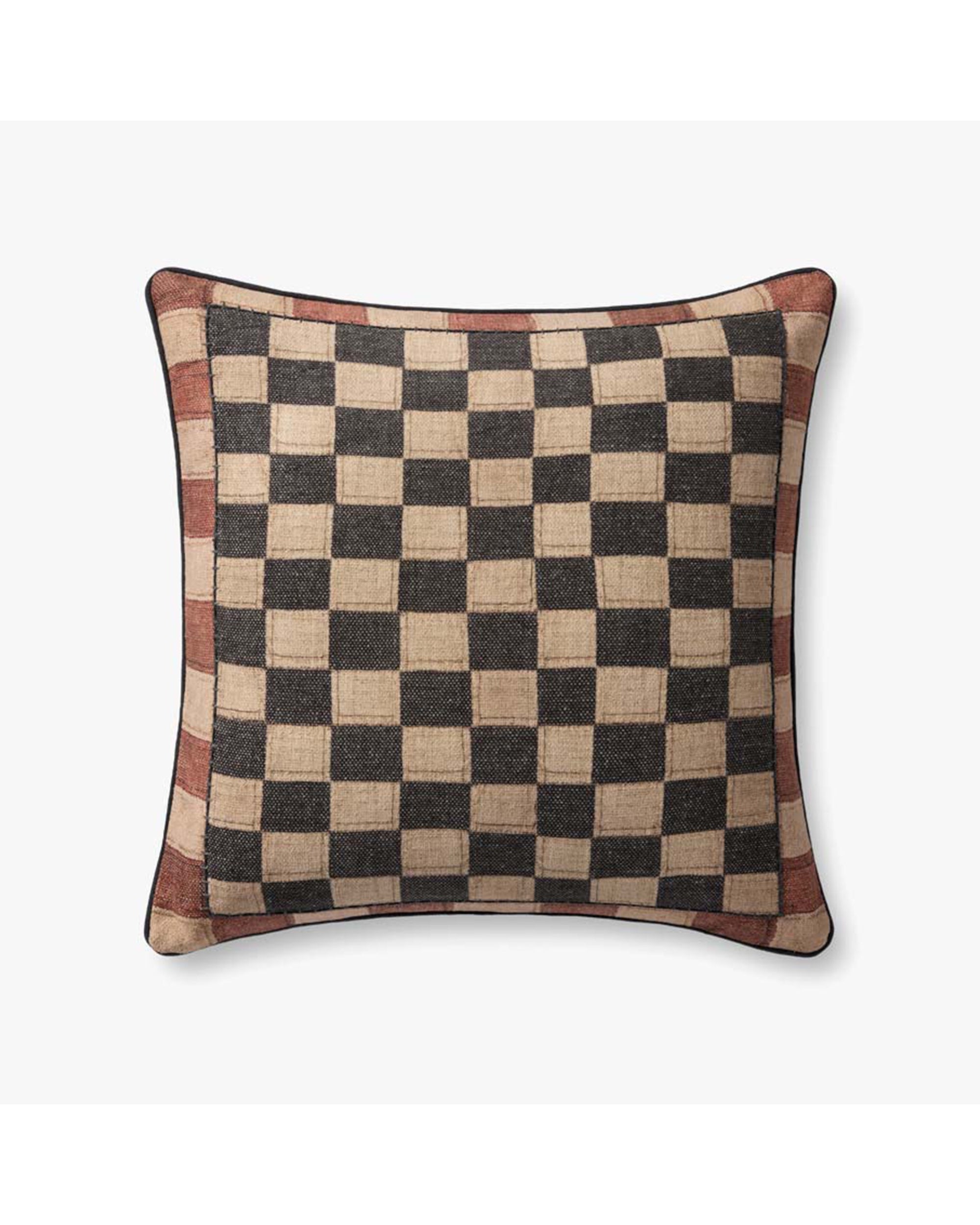 The PLL0180 Muliti Pillow 20x20 by Loloi Rugs is a soft cotton square pillow featuring a black and beige checkerboard pattern with a thin red and beige border, displayed against a white background.