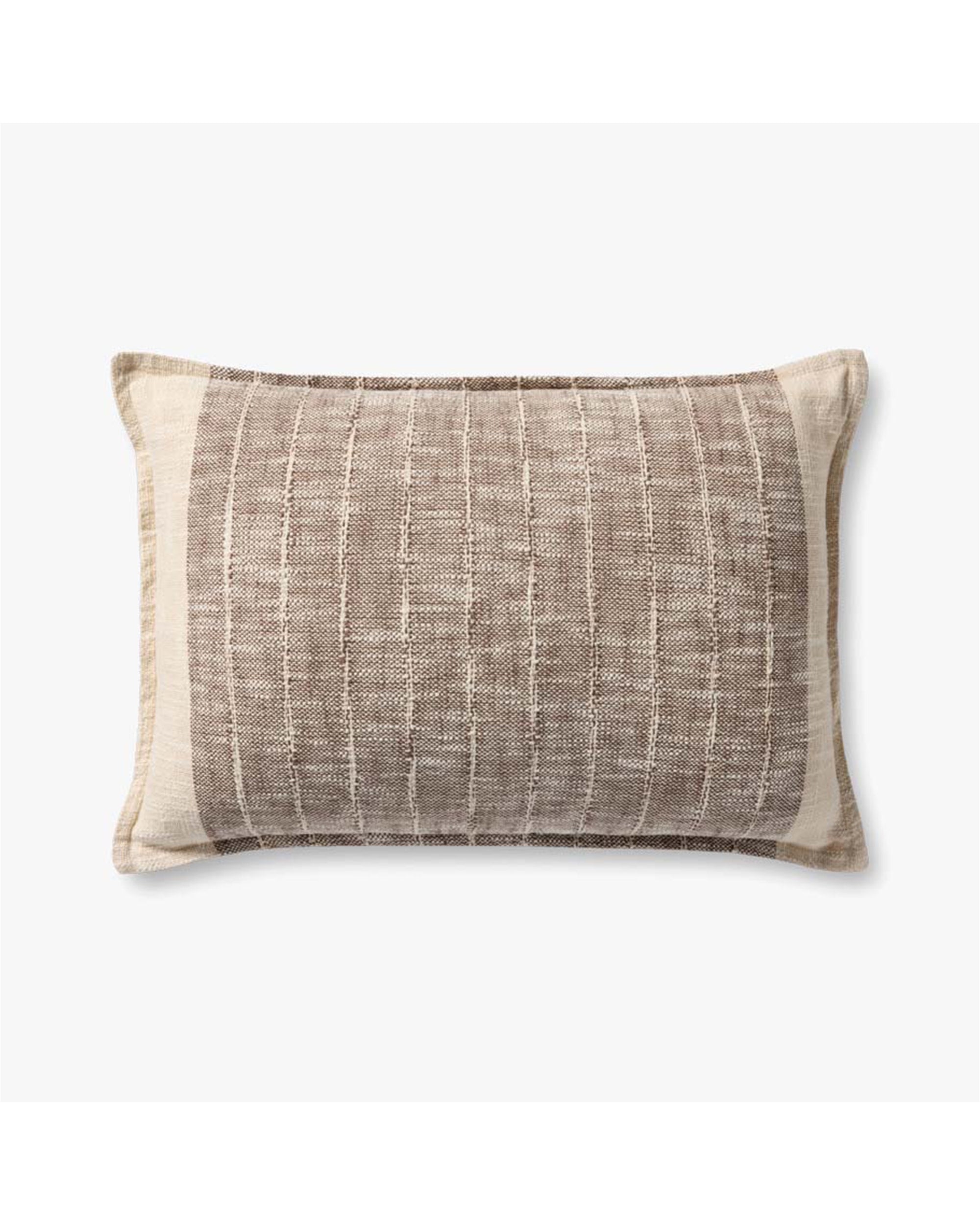 The Loloi Rugs PLL0183 Brown/Ivory Pillow 16x26 is a rectangular throw pillow with textured cotton fabric, showcasing a light brown and beige plaid pattern against a plain white background.