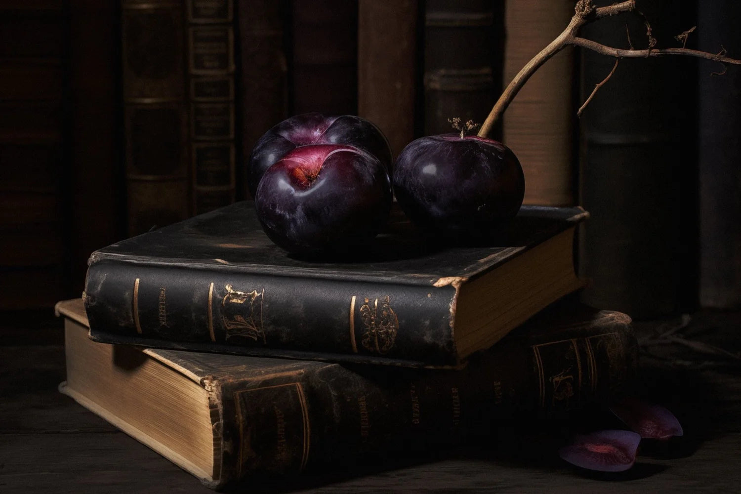 An ADLAN Candle by ADLAN Fragrances sits beside two ripe plums with a branch on stacked leather-bound books; violet petals are scattered nearby, and antique books blur in the background.