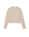 The Plush Cardi by FRAME is a beige, slightly cropped cardigan in soft alpaca merino wool with a textured knit, long sleeves, gold-toned buttons, and a round neckline.