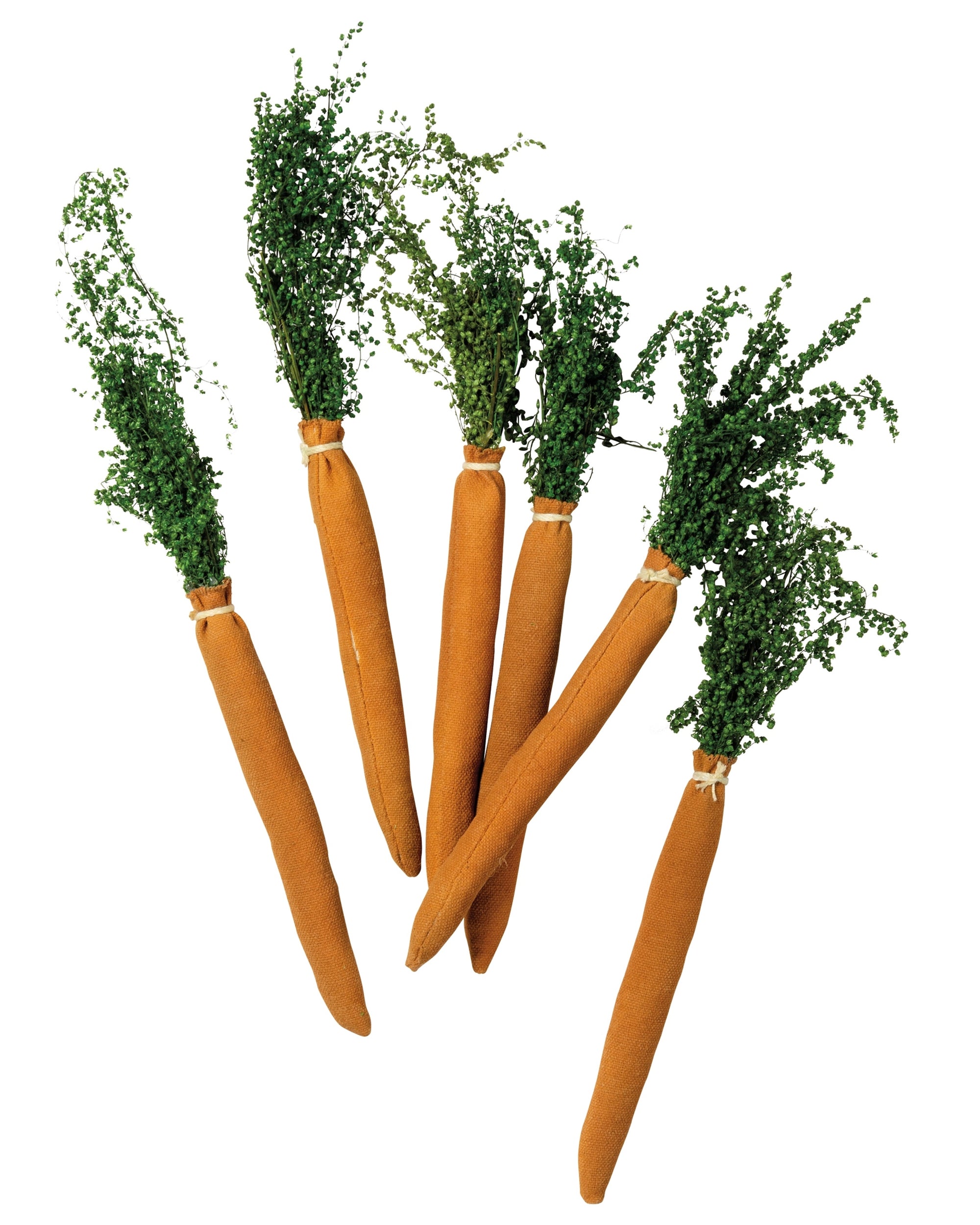Five Faire Plush Carrots with green leafy tops are arranged against a white background, creating a charming decorative accent.
