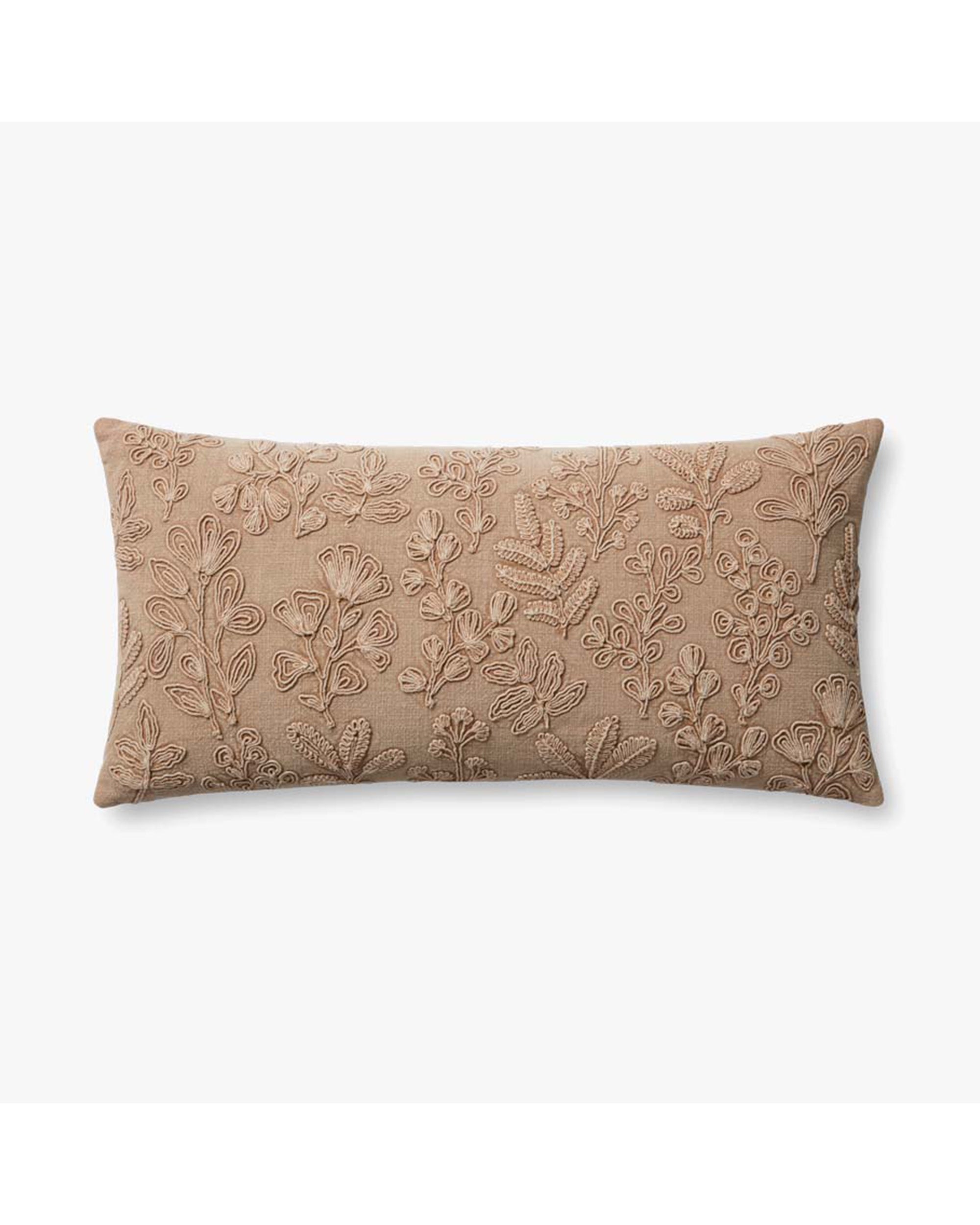 The Loloi Rugs PMH0054 Louise Natural Pillow 12x27 is a rectangular beige cotton pillow with an intricate embroidered floral pattern, shown against a plain white background.