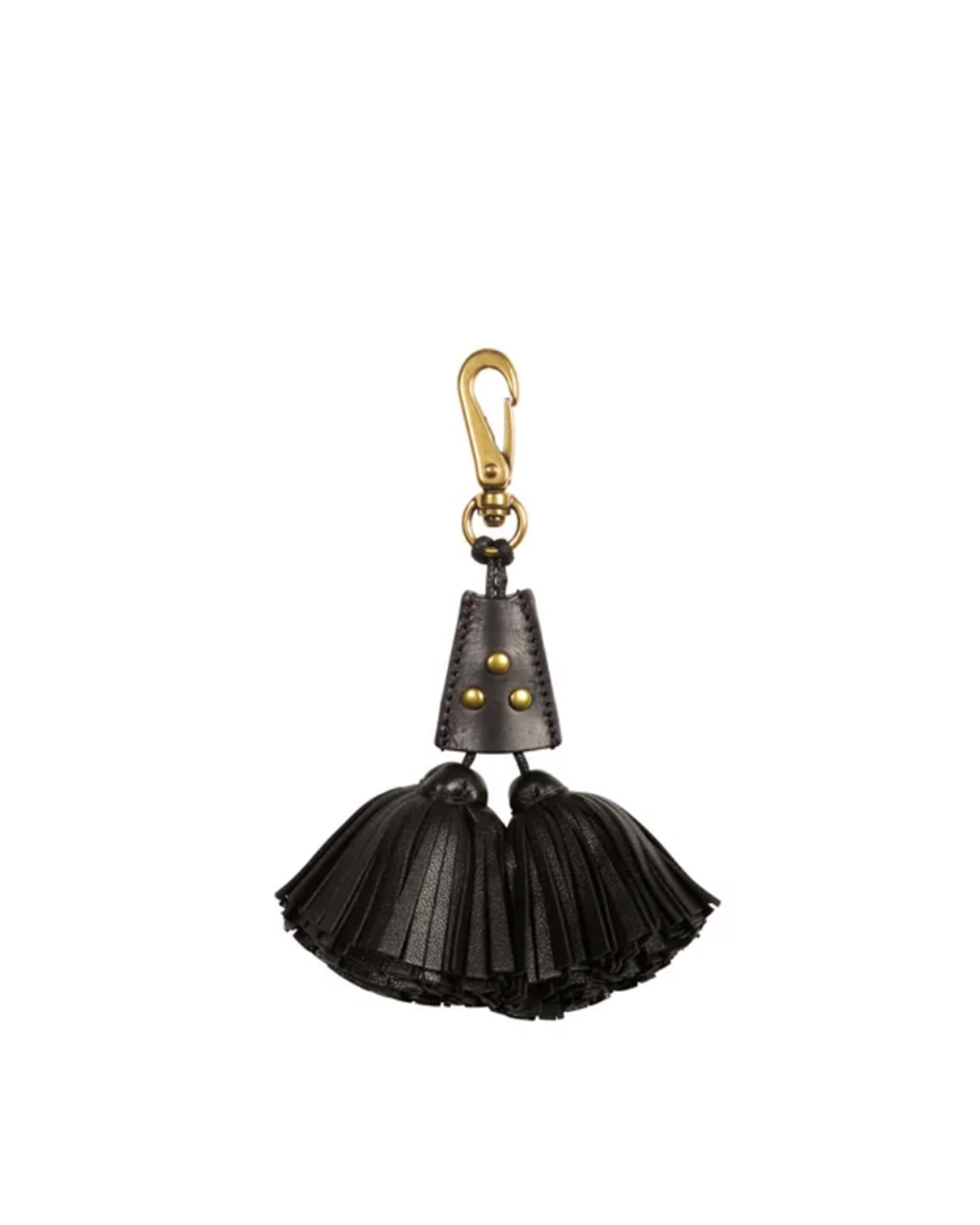 Black leather tassel keychain with gold hardware, Jerome Dreyfuss Pompon Twin, snap hook and lobster clasp.