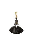 Black leather tassel keychain with gold hardware, Jerome Dreyfuss Pompon Twin, snap hook and lobster clasp.