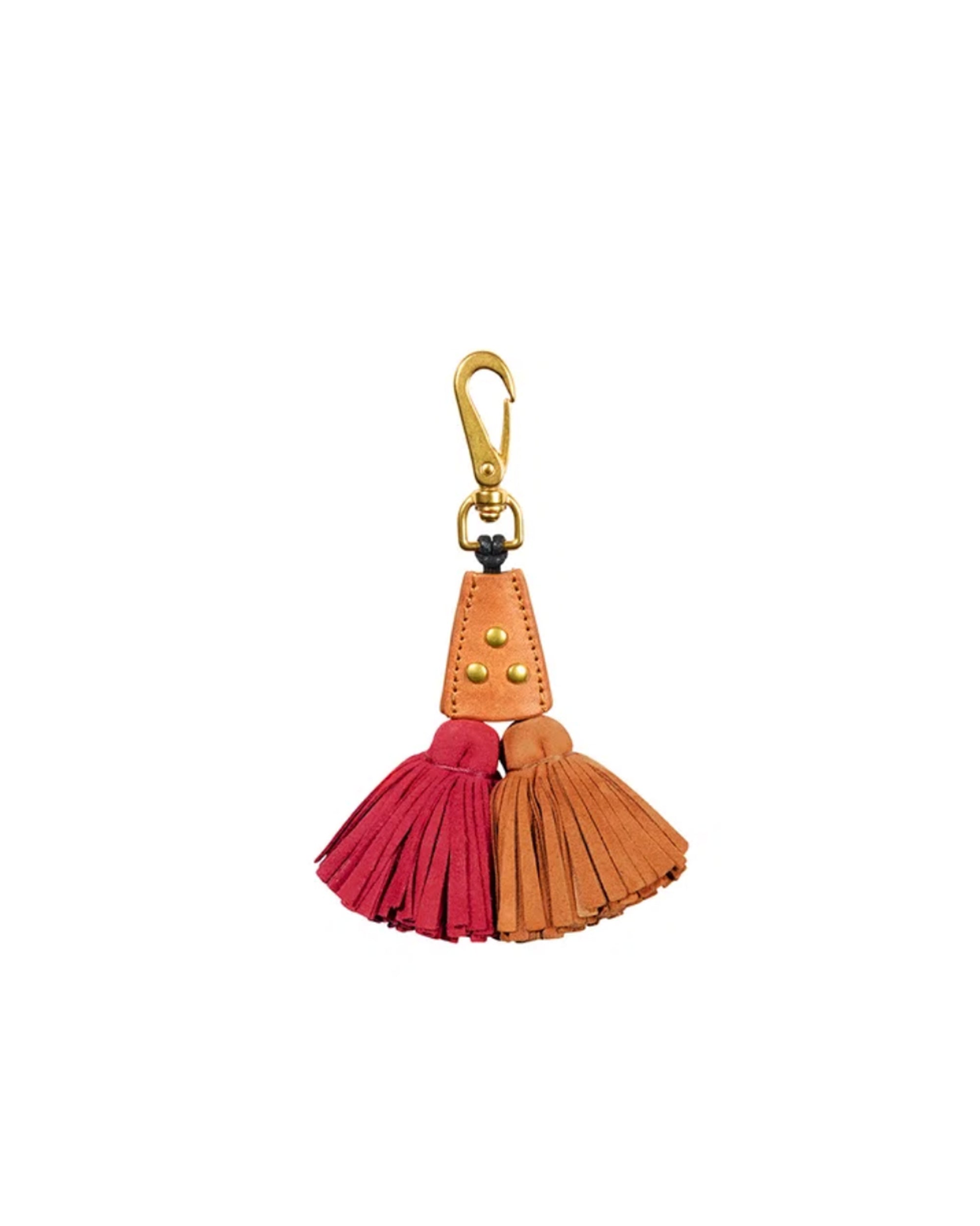 Red and orange leather tassel keychain with gold snap hook and rivets, Pompon Twin by Jerome Dreyfuss, 15x12 cm.