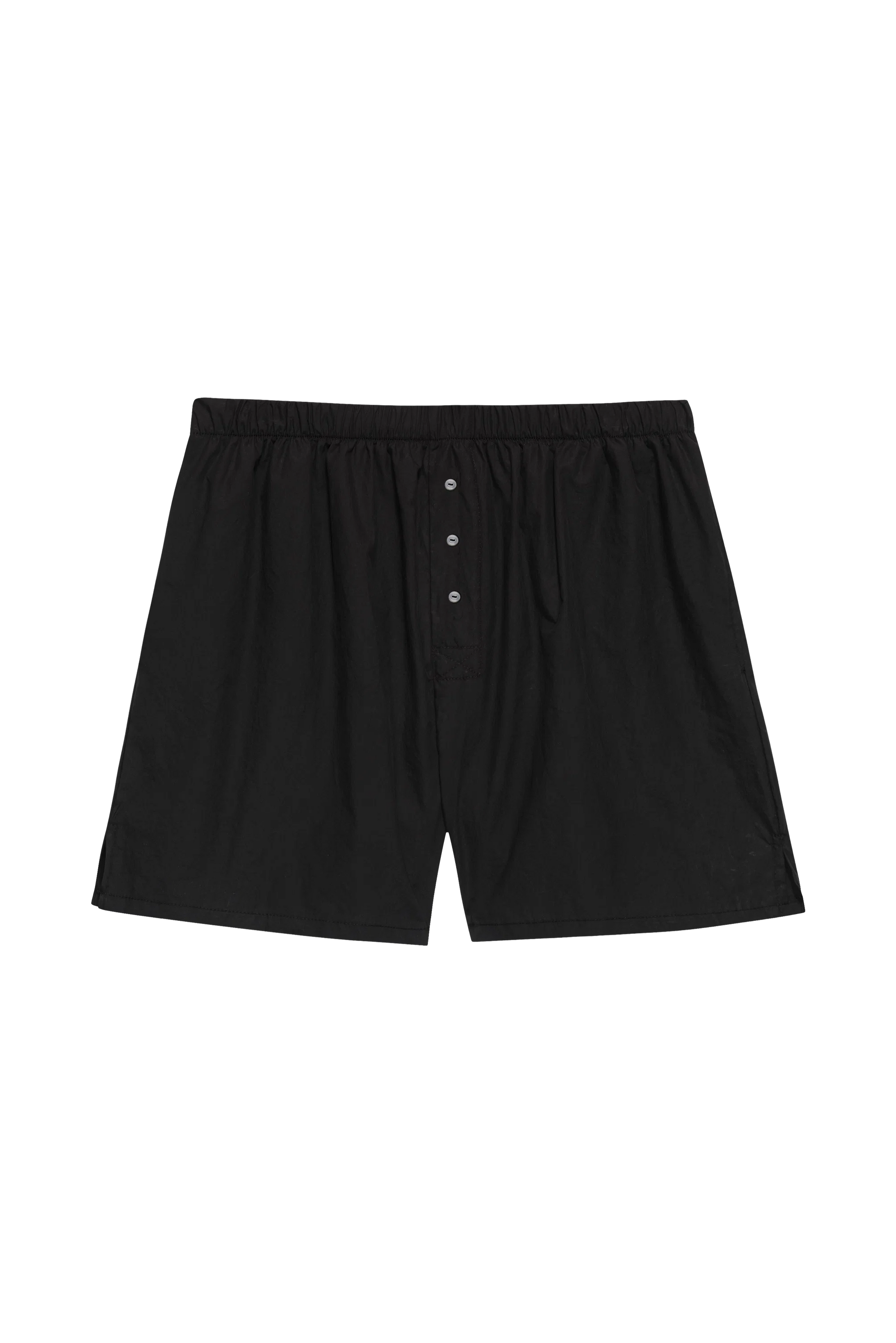 The Pop Boxer by Donni: men's lightweight black boxers made in Los Angeles with an elastic waistband and buttoned fly, shown on a plain white background.