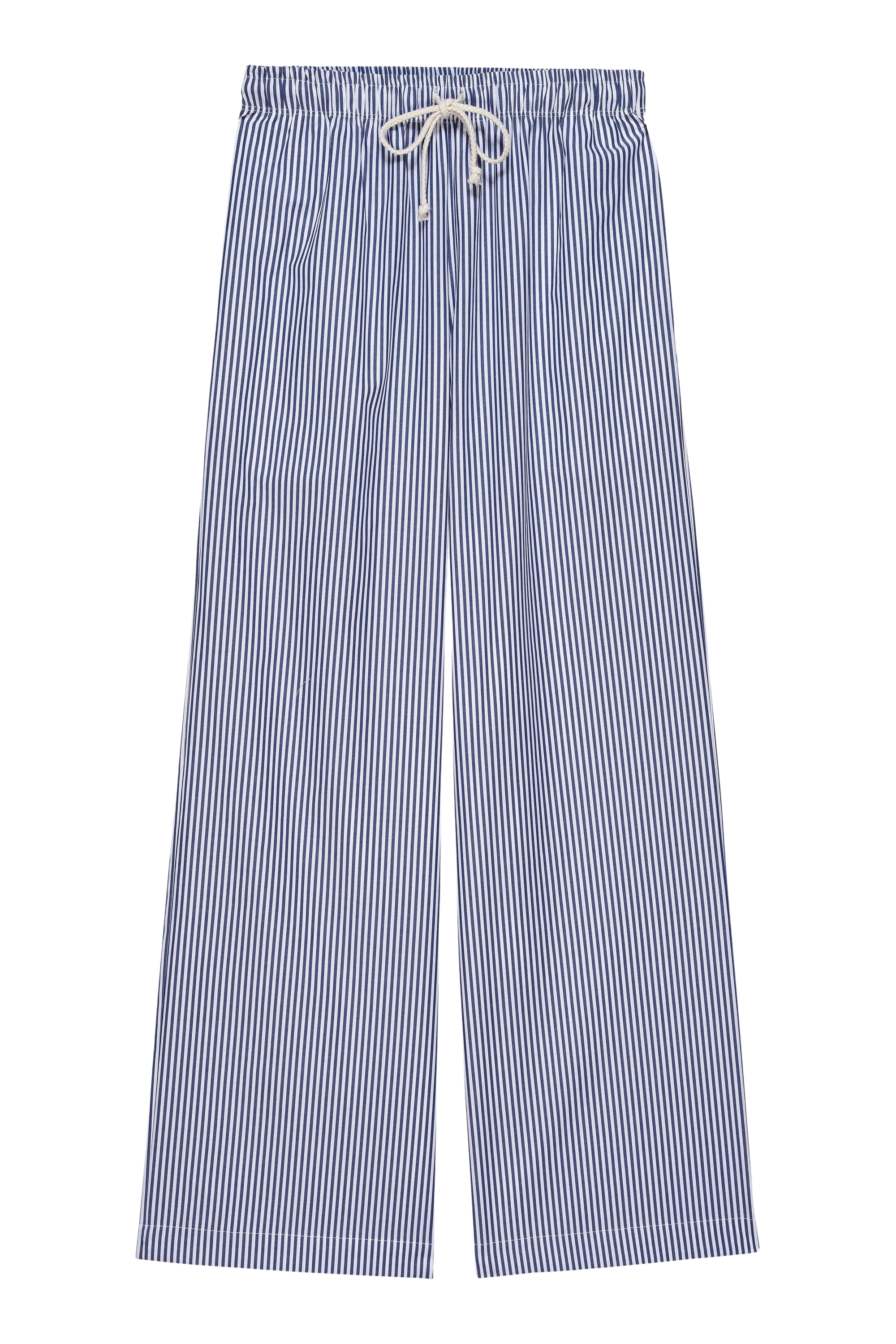 The Stripe Pop Pant by Donni features a wide-leg fit, crafted from blue and white vertically striped cotton poplin. It includes an elastic waistband with a white drawstring and is shown laid flat against a plain background.