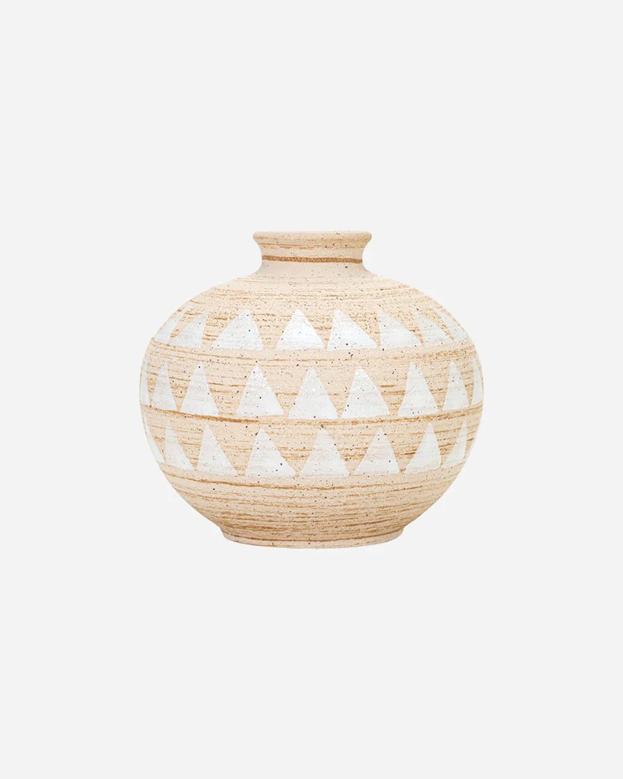The Presden Short Vase by The Import Collection is a round, beige ceramic piece with a narrow neck and white triangles in horizontal rows, featuring a textured natural finish that highlights modern design.