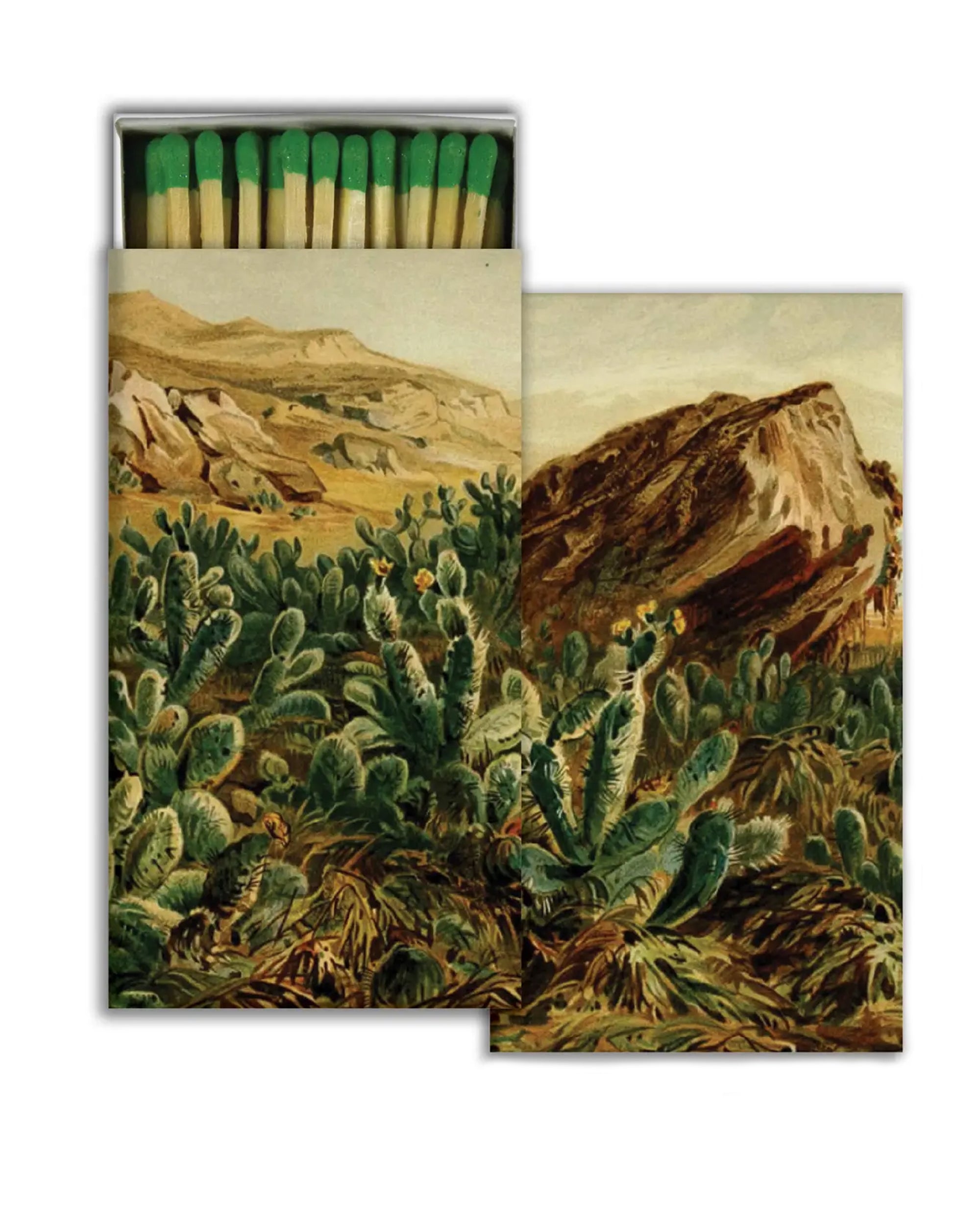 Prickly Pear Matches by HomArt feature green-tipped safety matches in a box adorned with desert cacti and mountains—matchbox and cover form a scenic design, making it a unique hostess gift or stylish accent for any space.