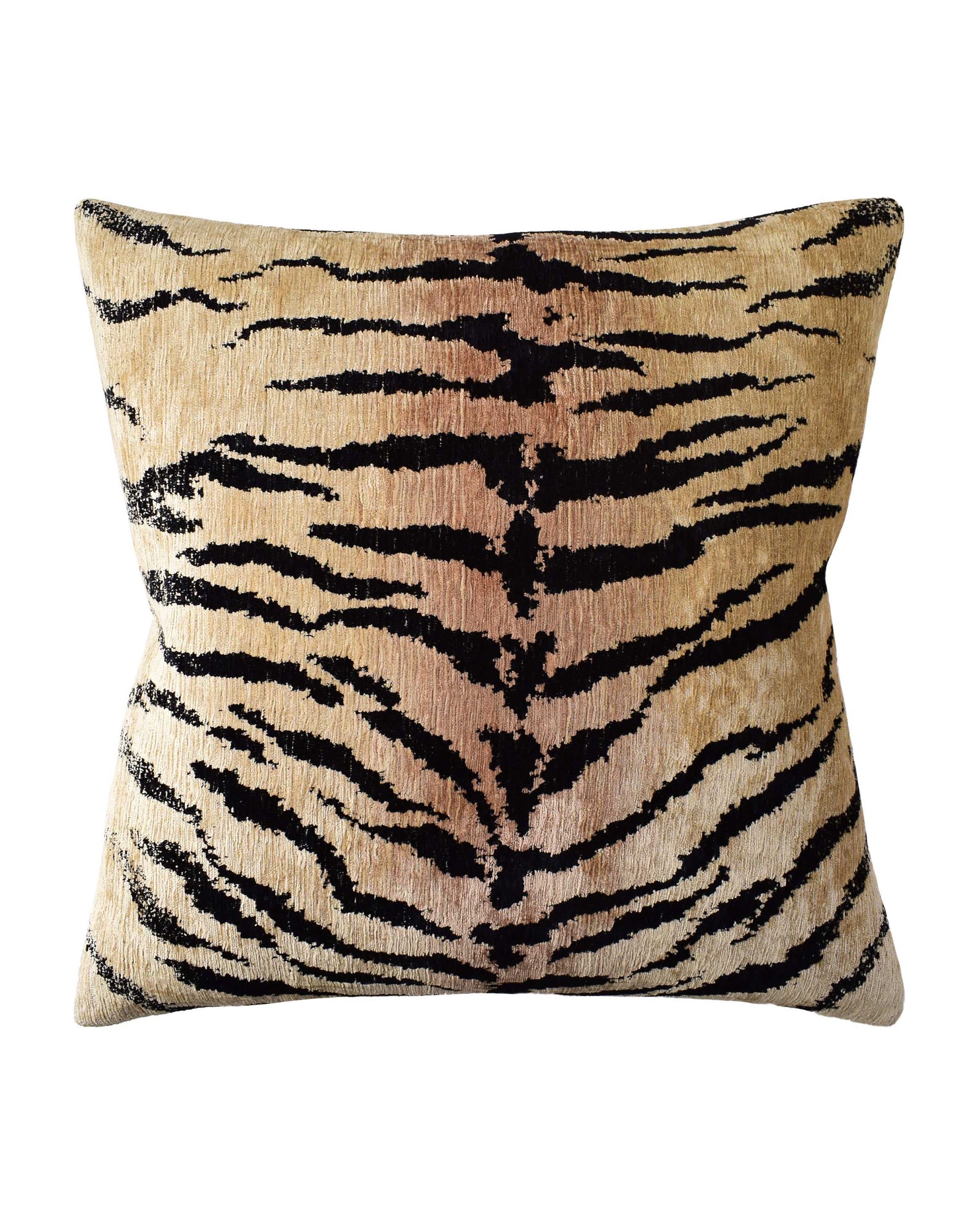 The Camel Pillow 22x22 by Ryan Studio is a square throw pillow with a beige and black tiger stripe pattern, mimicking animal print. It features a hidden zipper closure and is displayed against a plain white background.