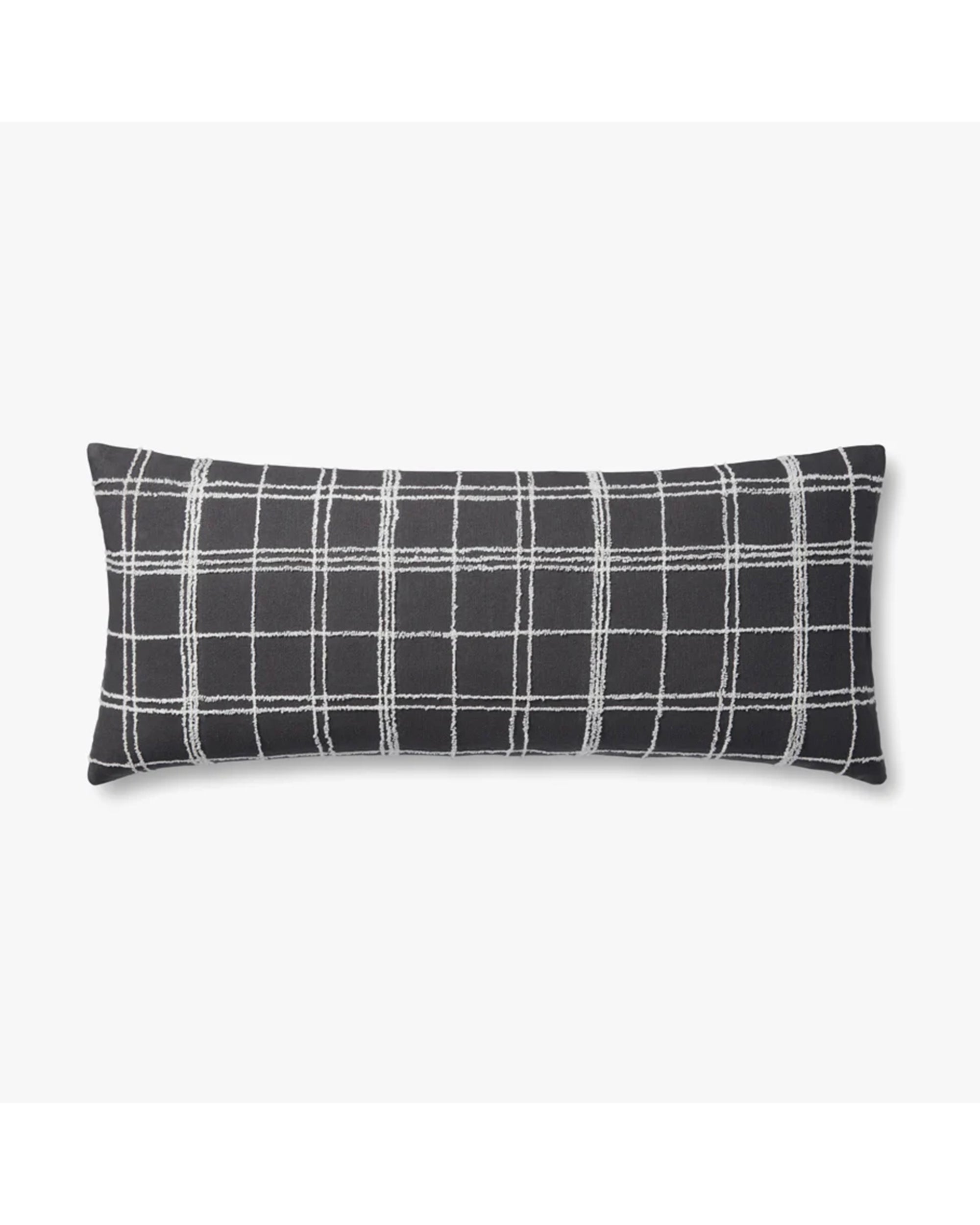 The Loloi Rugs PJS0012 Graphite/Ivory Pillow (13x35) is a rectangular black pillow with a white hand-drawn grid pattern and subtle knife edge, shown against a plain white background.