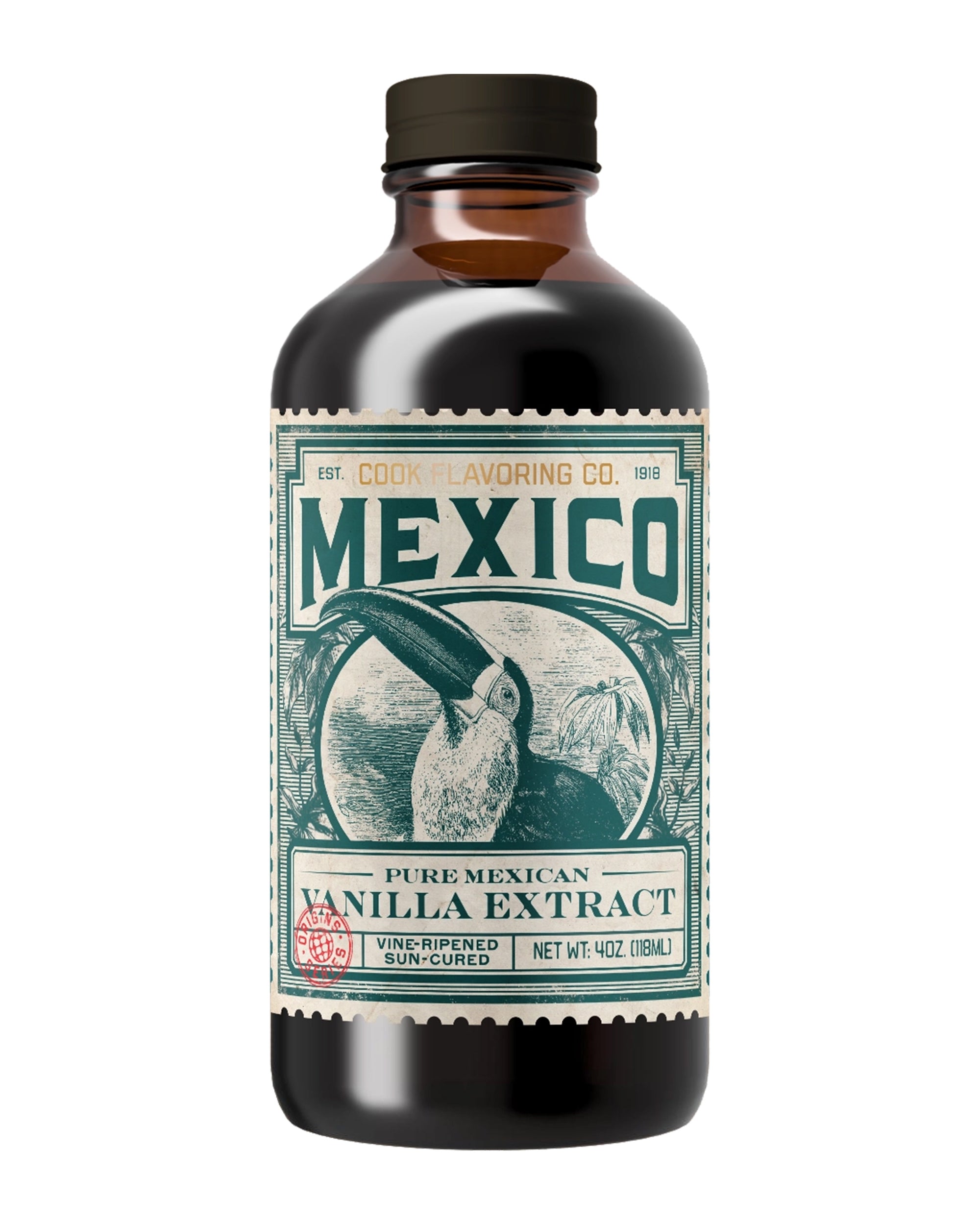 A 4 oz brown glass bottle of Faire Pure Mexican Vanilla Extract features a toucan, green and cream decorative labeling, and contains rich Veracruz vanilla extract known for its authentic ancestral flavor.