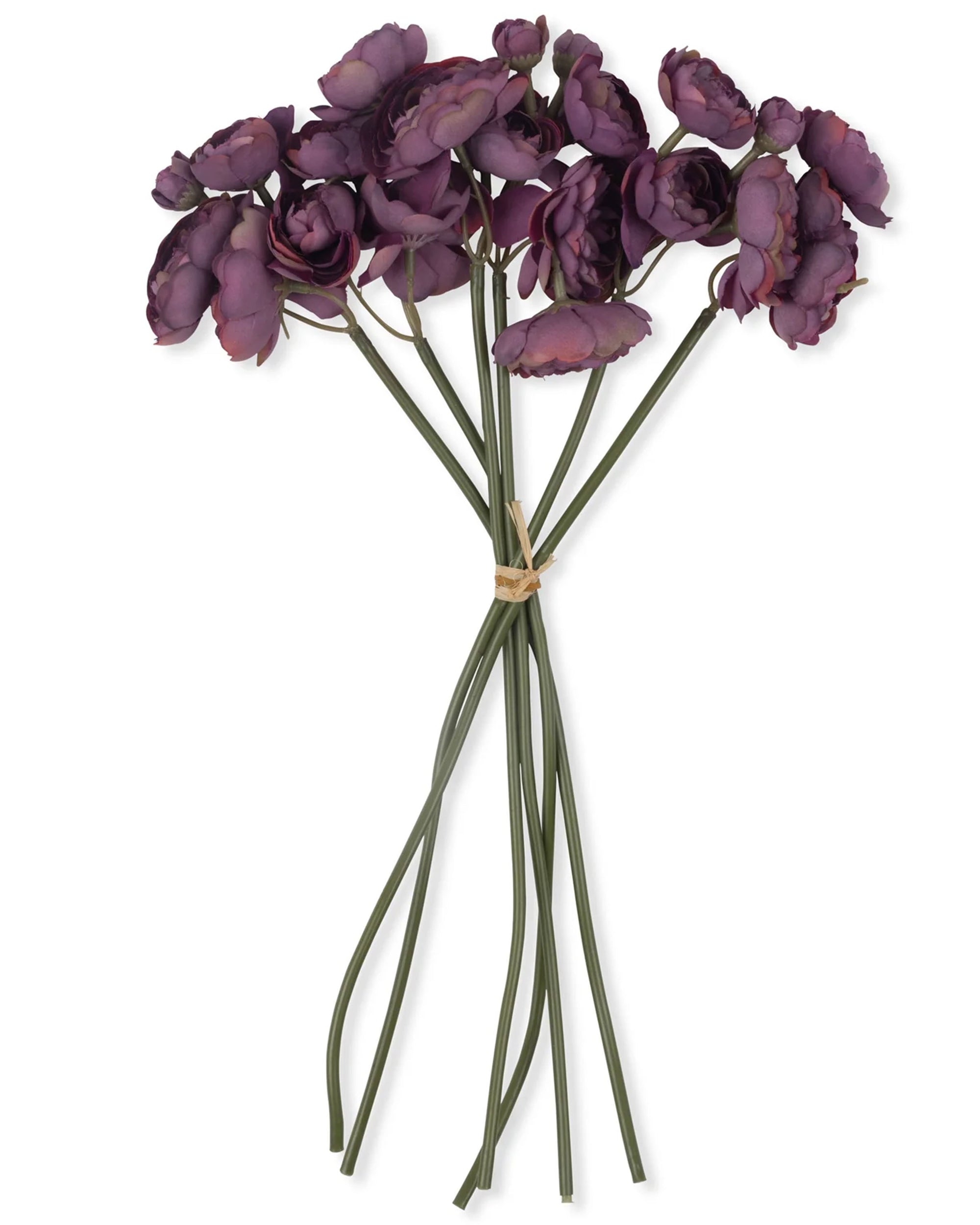 The Abigail Ahern Ranunculus Bunch Purple features lifelike artificial purple ranunculus flowers with green stems, tied with a beige string and displayed against a white background—perfect for adding lasting elegance to your space.